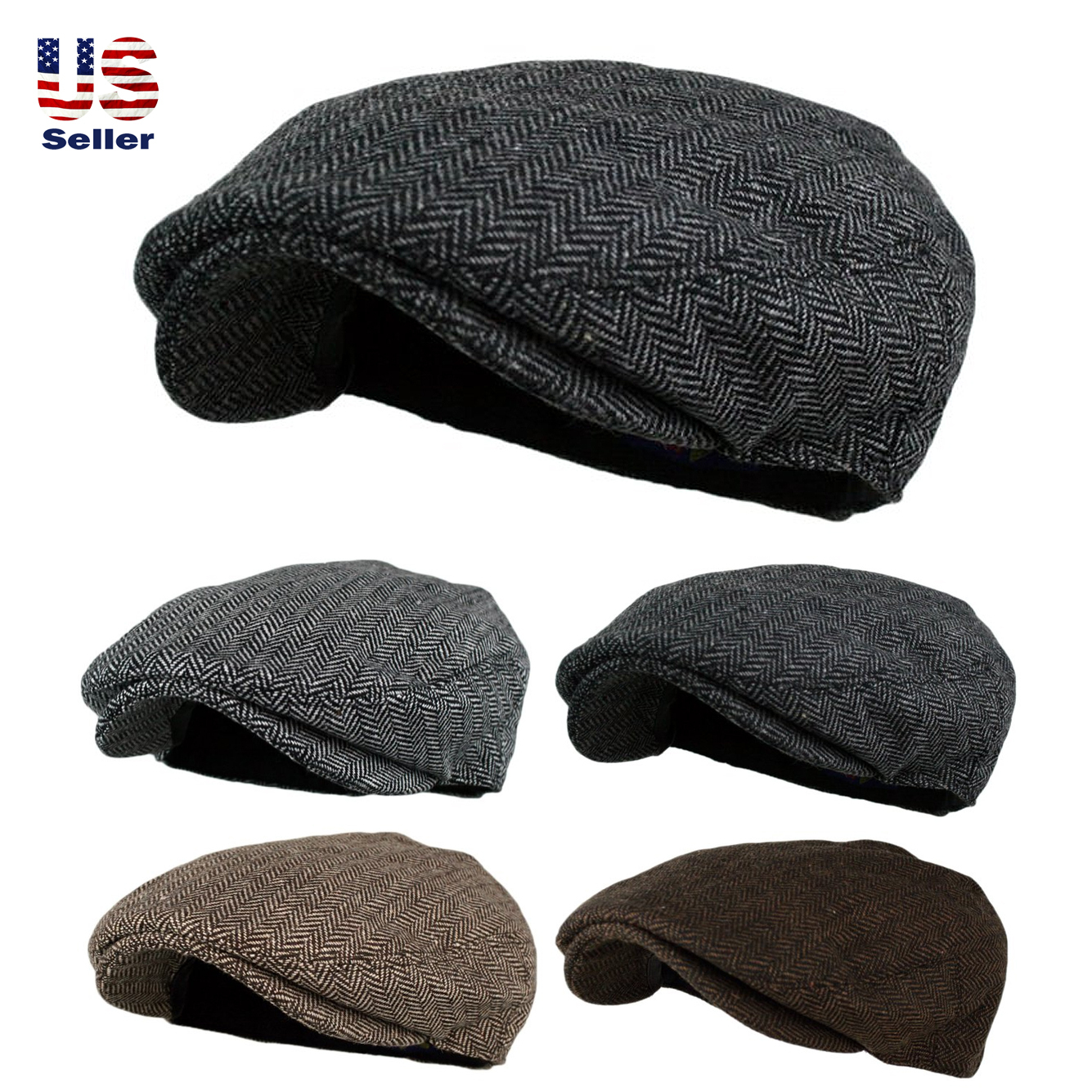 Men’s Herringbone Wool Blend Tweed Newsboy Ivy Gatsby Cabbie Driving Golf Hat