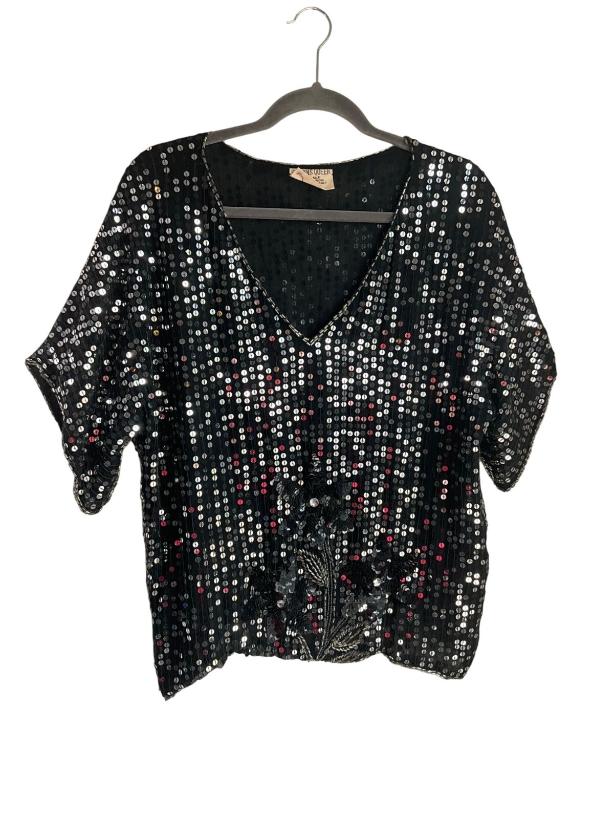 VTG Sequins Queen Medium Silk Beaded Top Black Silver Sequin Floral Embellished*