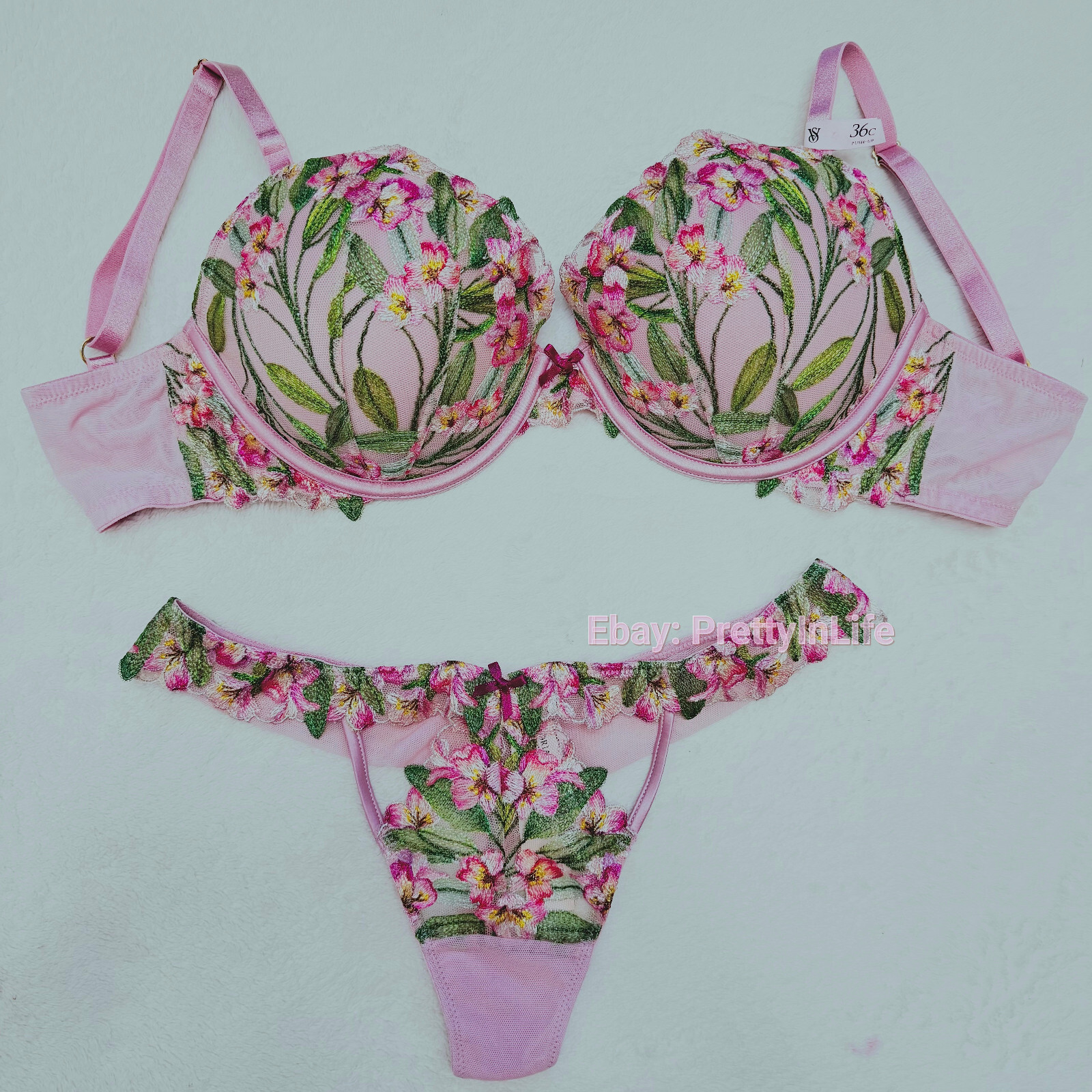 Victoria’s Secret Dream Angels Push Up bra set embroidery Lily floral pink rose