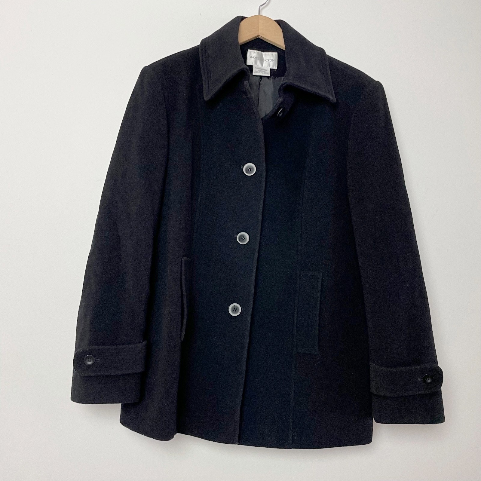 Black Wool Blend Pea Coat Large Minimalist Preppy Quiet Luxury Old Money Classic