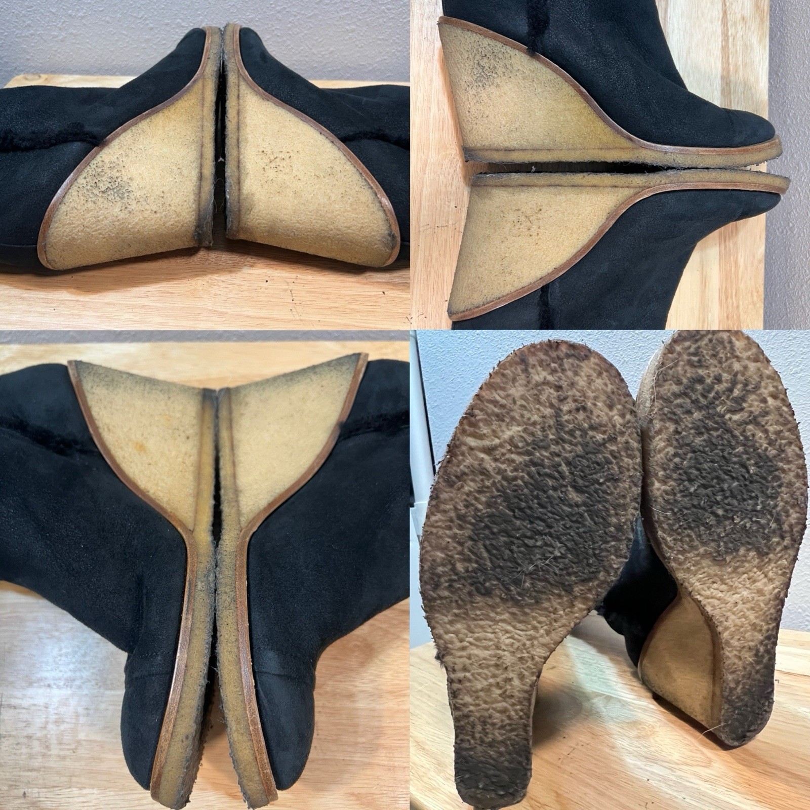 Chanel Boots 40 Wedge Knee High Suede Sherpa Fur Lined Biker Moto Spellout Logos