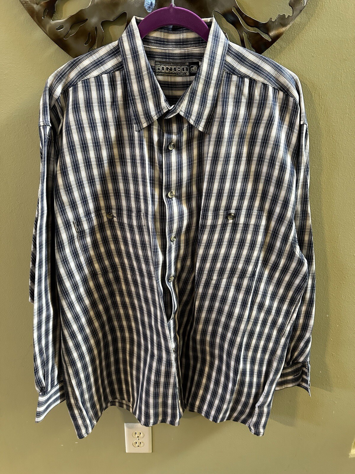 JNCO Men’s Button Up Shirt Blue Beige White Plaid XL Vintage Baggy Y2K Street