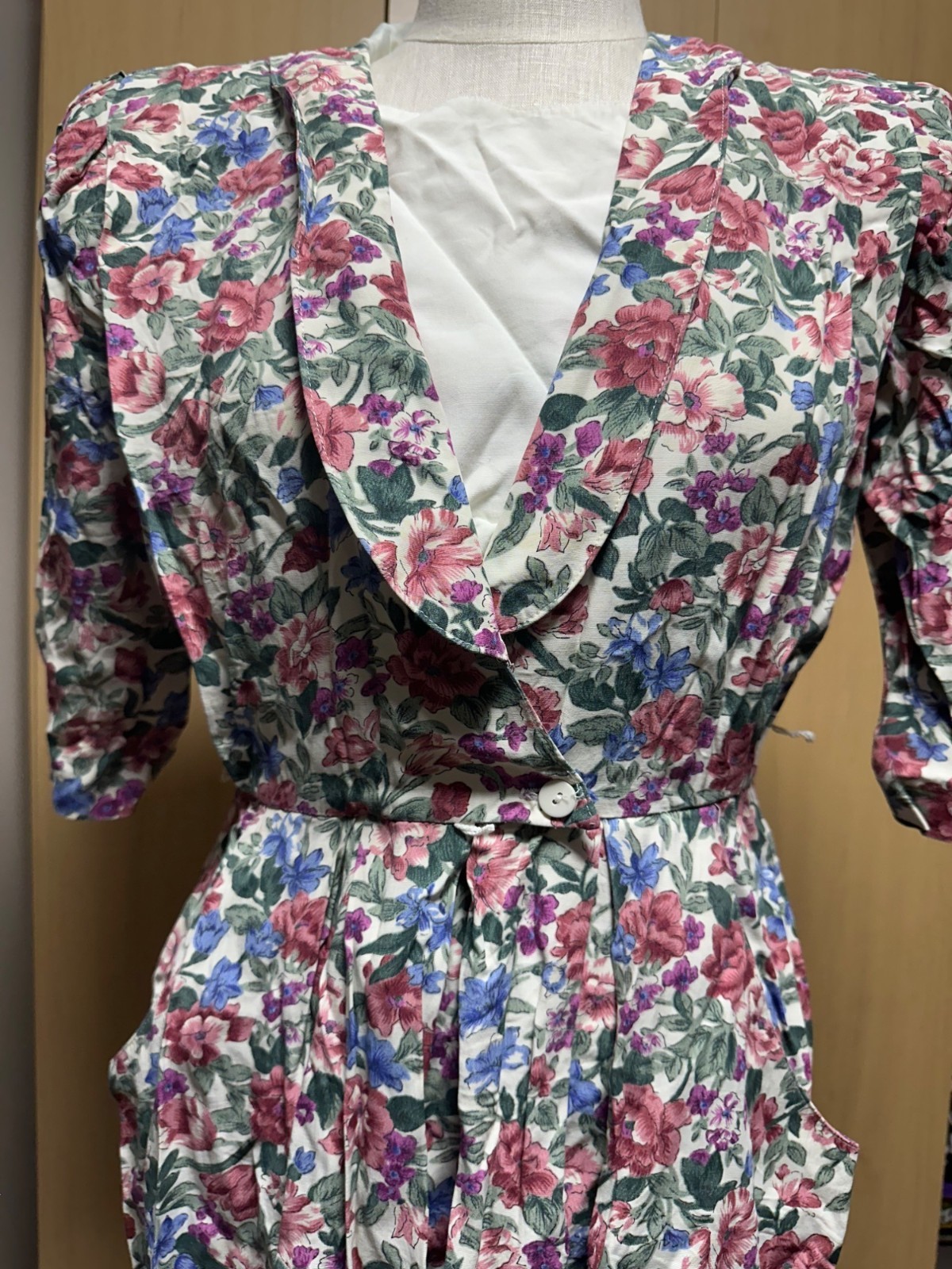 Vintage RJ Stevens Floral Midi Dress Bib Pockets 80s 90s Cottagecore Small