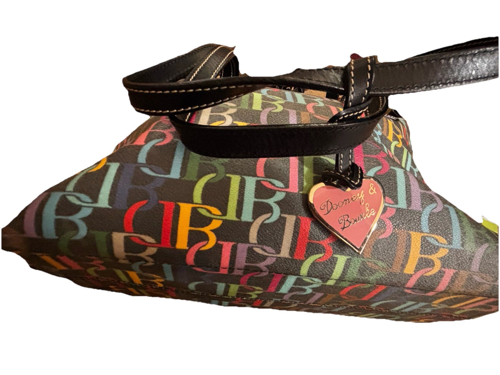 Dooney and Bourke Multi Color DB Monogram Black Canvas Tote Bag Heart Charm