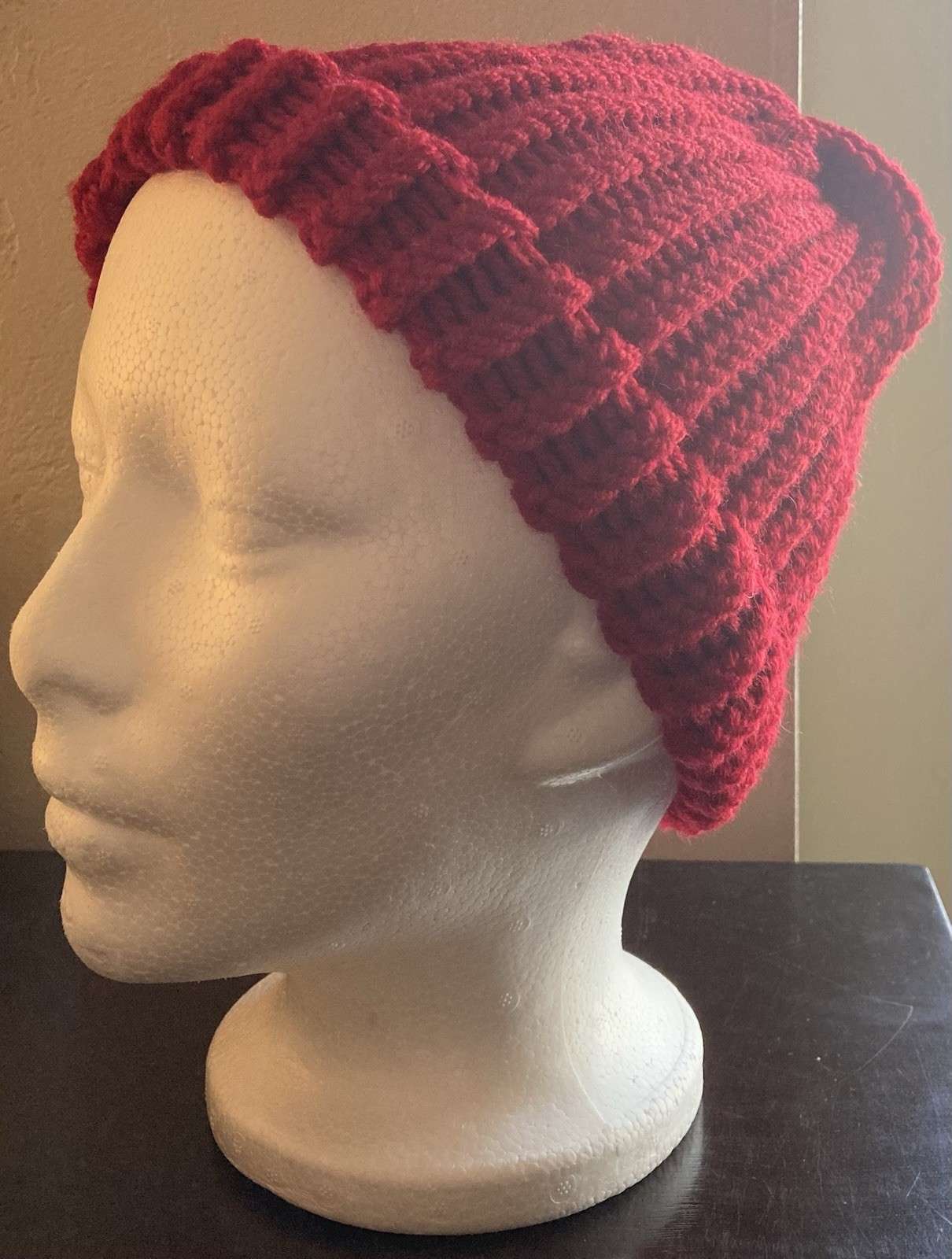Handmade cozy red knit beanie hat brand new never worn made with acrylic yarn