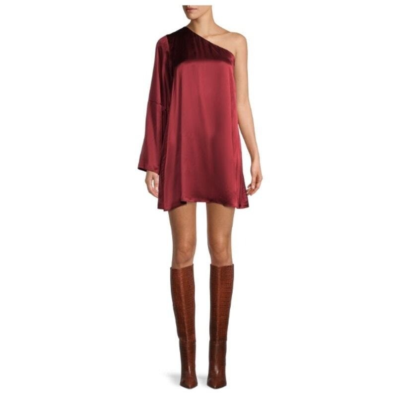 Tanya Taylor One Shoulder Mini Dress Womens 12 Burgundy Good Satin Asymmetrical