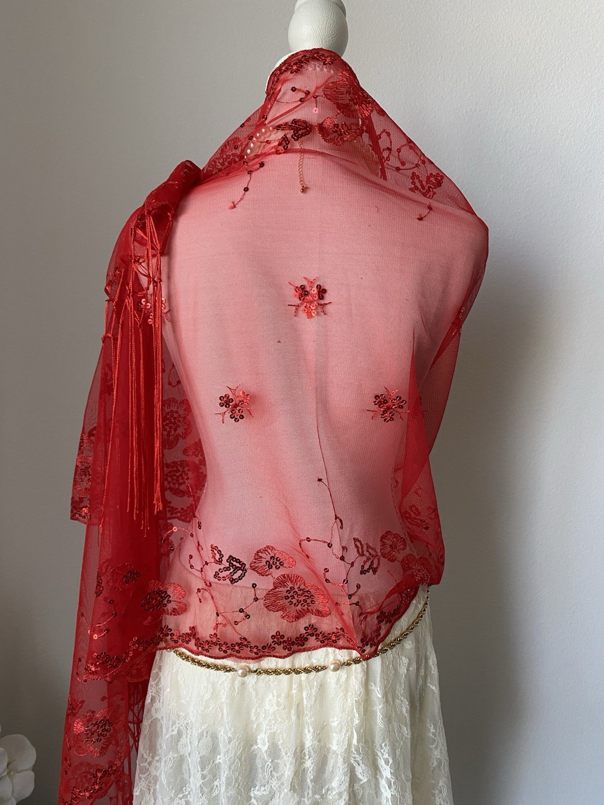 Red Mesh Sheer Shawl Floral Embroidered Sequin Fringe Women’s Scarf Whimsical