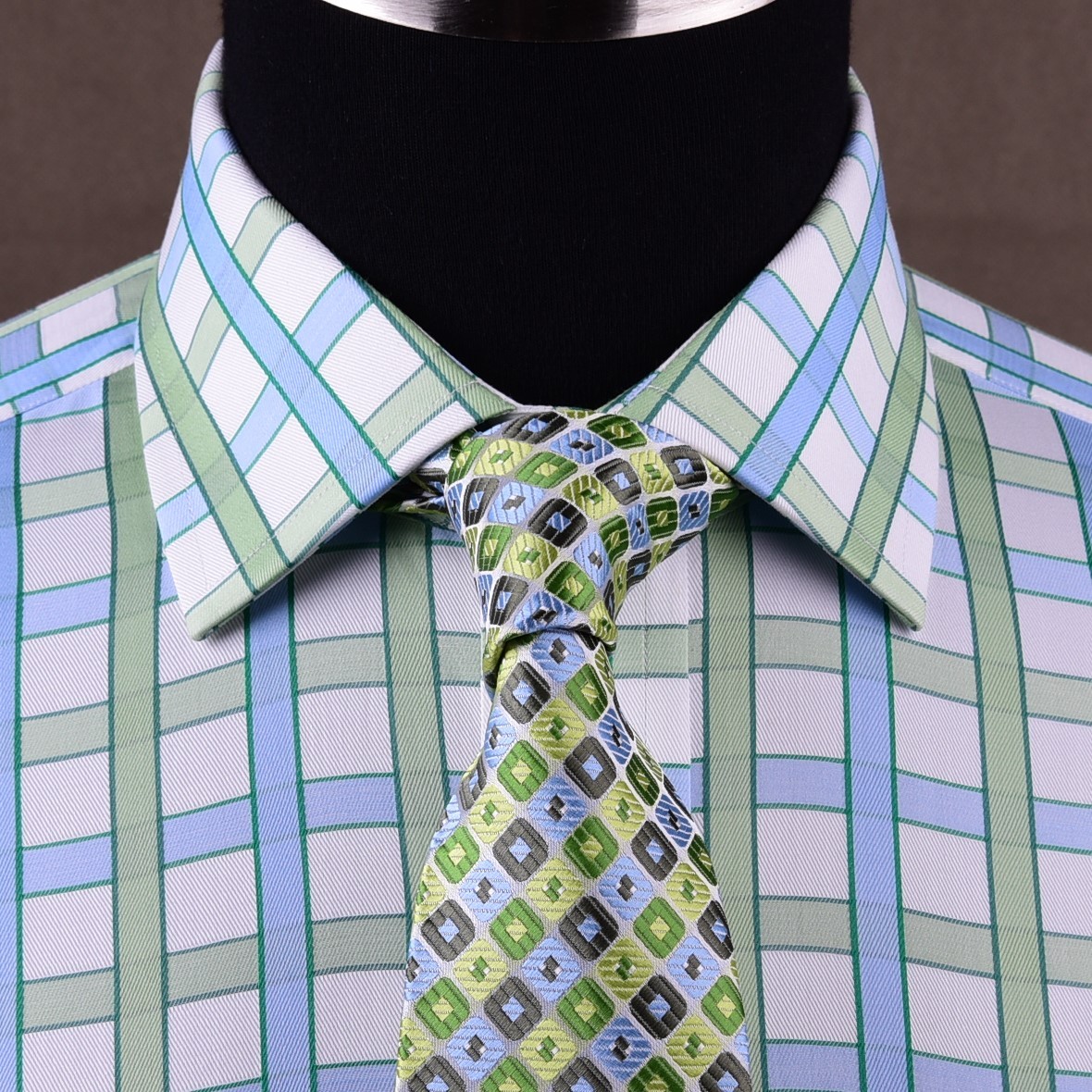 Blue Green Plaids & Checks Formal Business Dress Shirt Short Sleeve Button Down