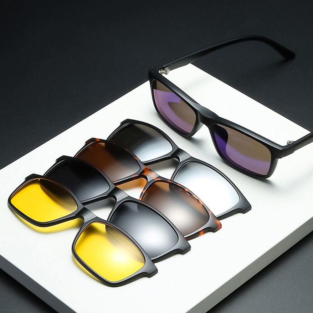 Eyeglasses Frame with 5pcs Magnetic Clip On Polarized Sunglasses Square Glasses