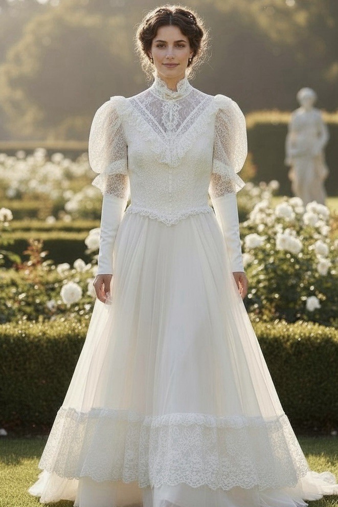 Vintage 1970s Victorian Prairie Style Lace Wedding Dress 6-8 Excellent Condition
