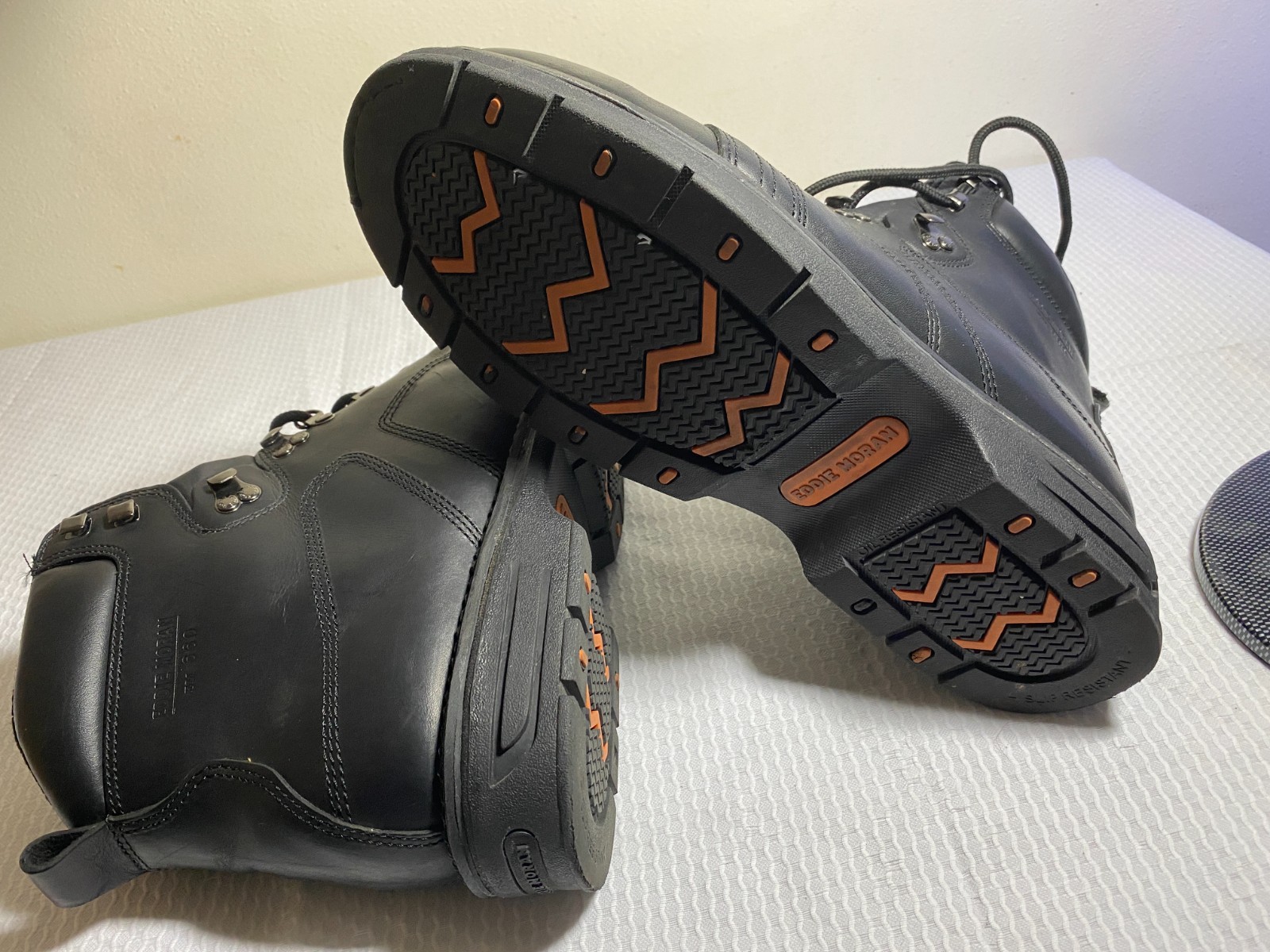 Eddie Moran Work Boots Black Mens Size 14M Chevron Orange Sole Slip Resistant