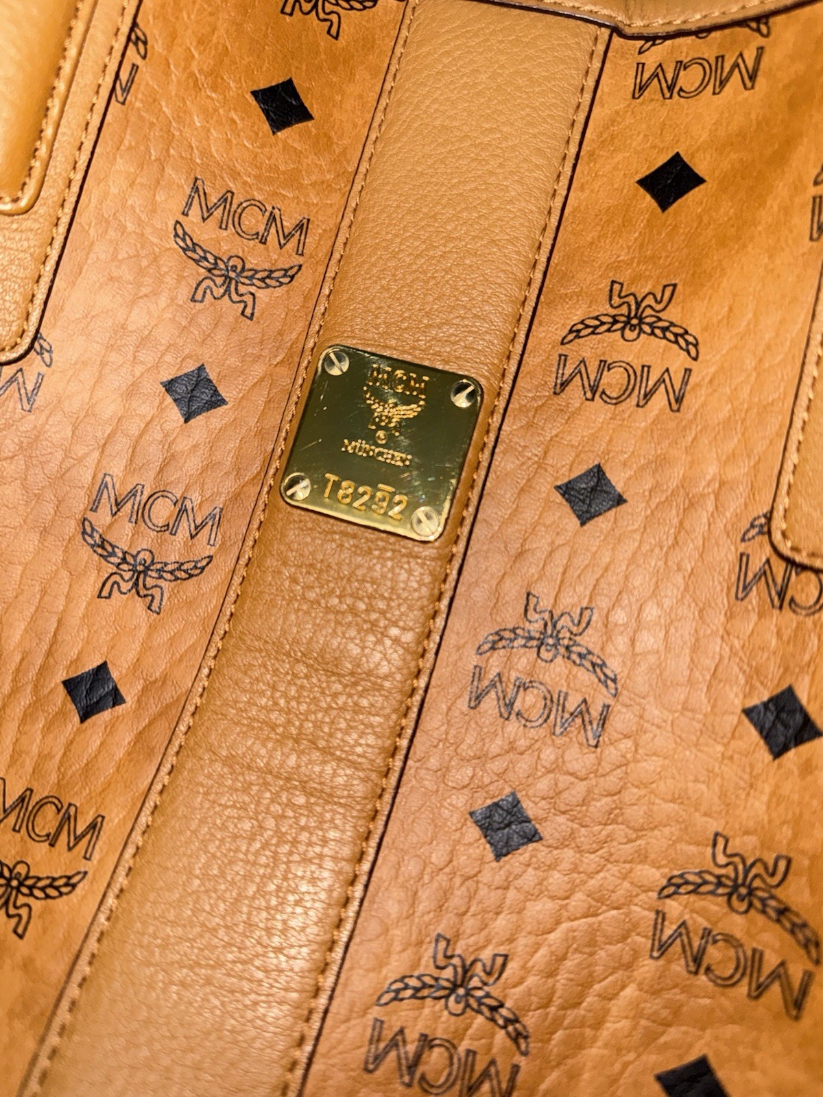 MCM Monogram Brown Tote Bag w/ Pouch, Logo Accents, Inner Pockets, Gold HW