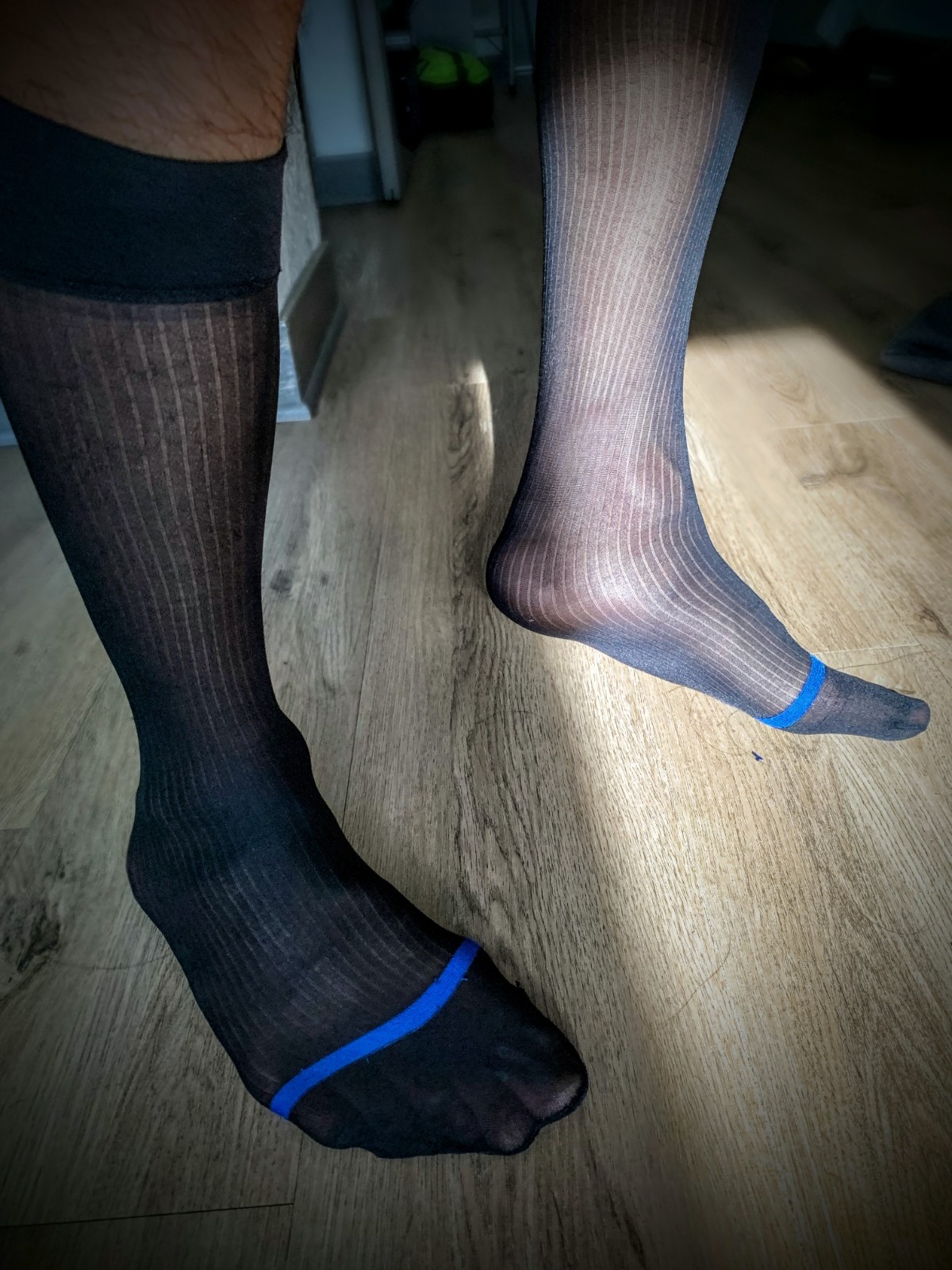 Men’s Ultra-Thin Sheer Socks, Black with Blue Stripe on toes, One Size