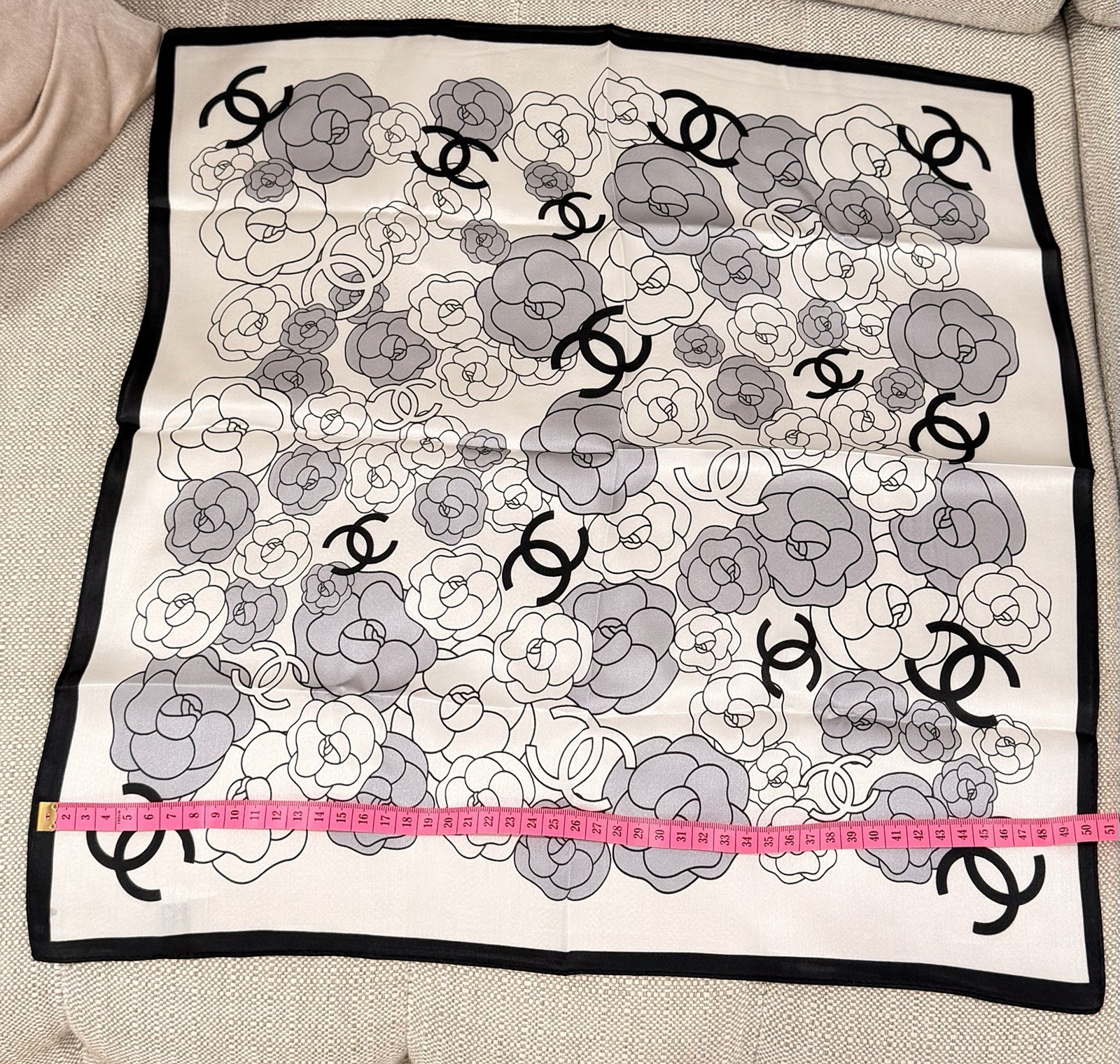 Chanel Camellia CC Logo Silk Scarf Square Black White Gray Floral