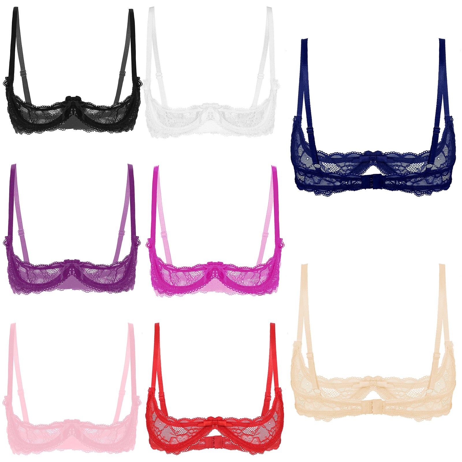 Womens See Through Lace Straps 1/4 Cups Push Up Underwire Bra Tops Nightwear