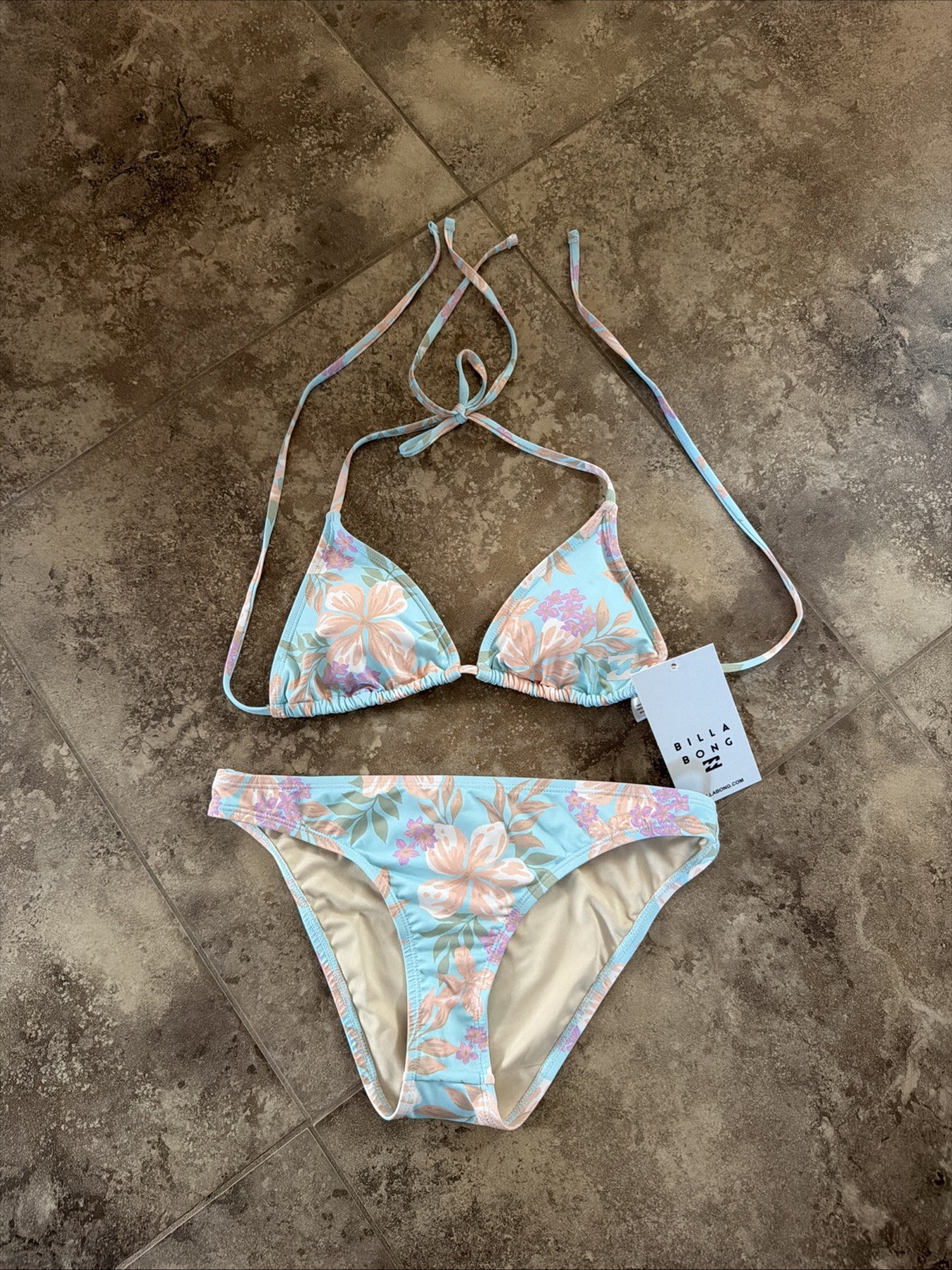 NWT Billabong Beach Babe Triangle Top Bikini Set Moderate Tropical Aqua $99 L