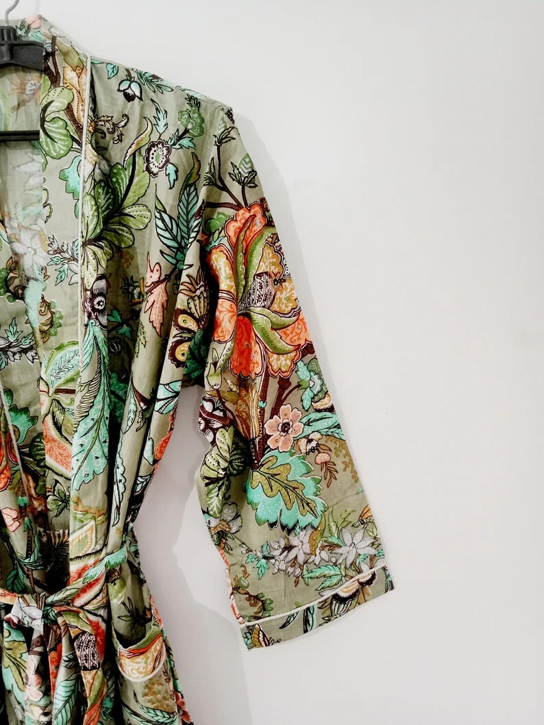 Indian Floral Printed 100% Cotton Robe Long Kimono Sleepwear Night Kimono Dress