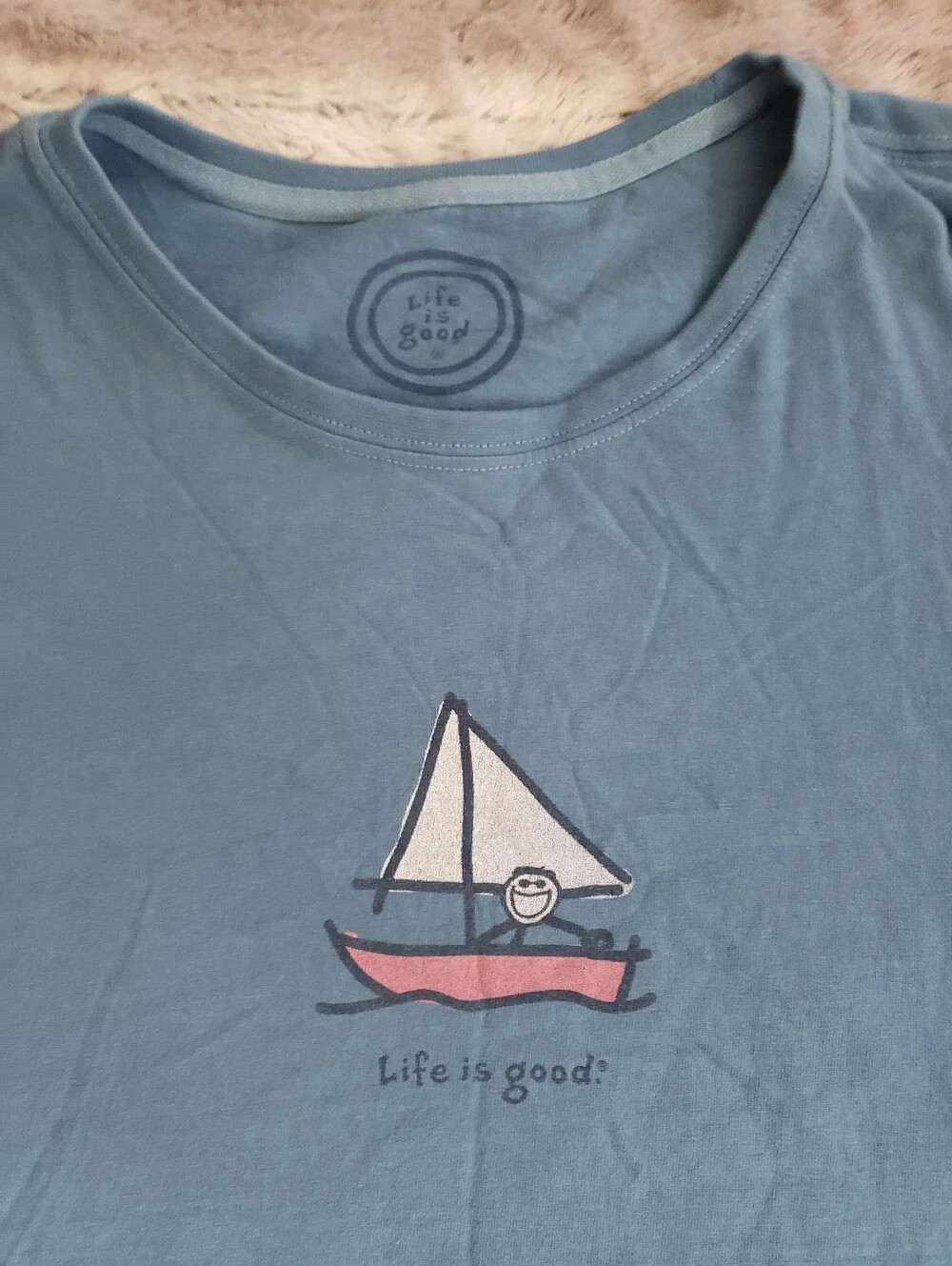 Life is Good Womens Long Sleeve Cartoon Boat Blue Graphic T Shirt XL