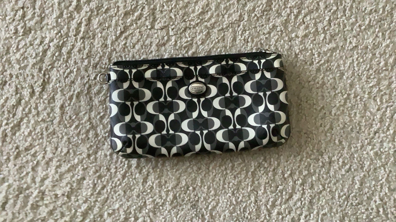 Coach Logo Wristlet Wallet Black White Gray Zip Wrist Strap Card Organizer