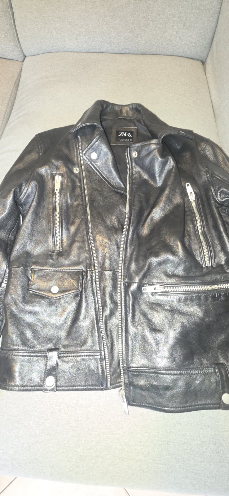 ZARA Men’s Black Biker Jacket Leather Size M Full Zip Button Pockets Short