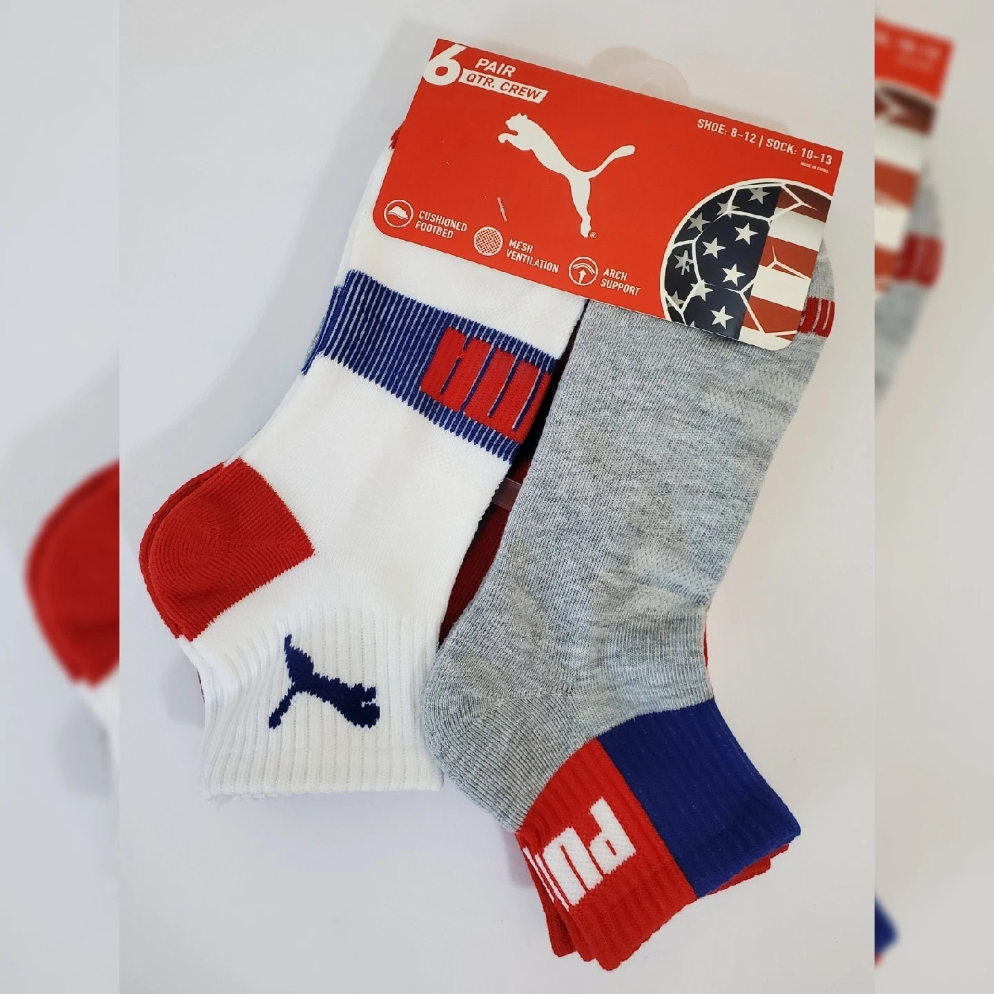 PUMA QUARTER CREW MEN’S SOCKS 6 PAIR SIZE SHOE 8-12 SOCK 10-13 USA SOCCER