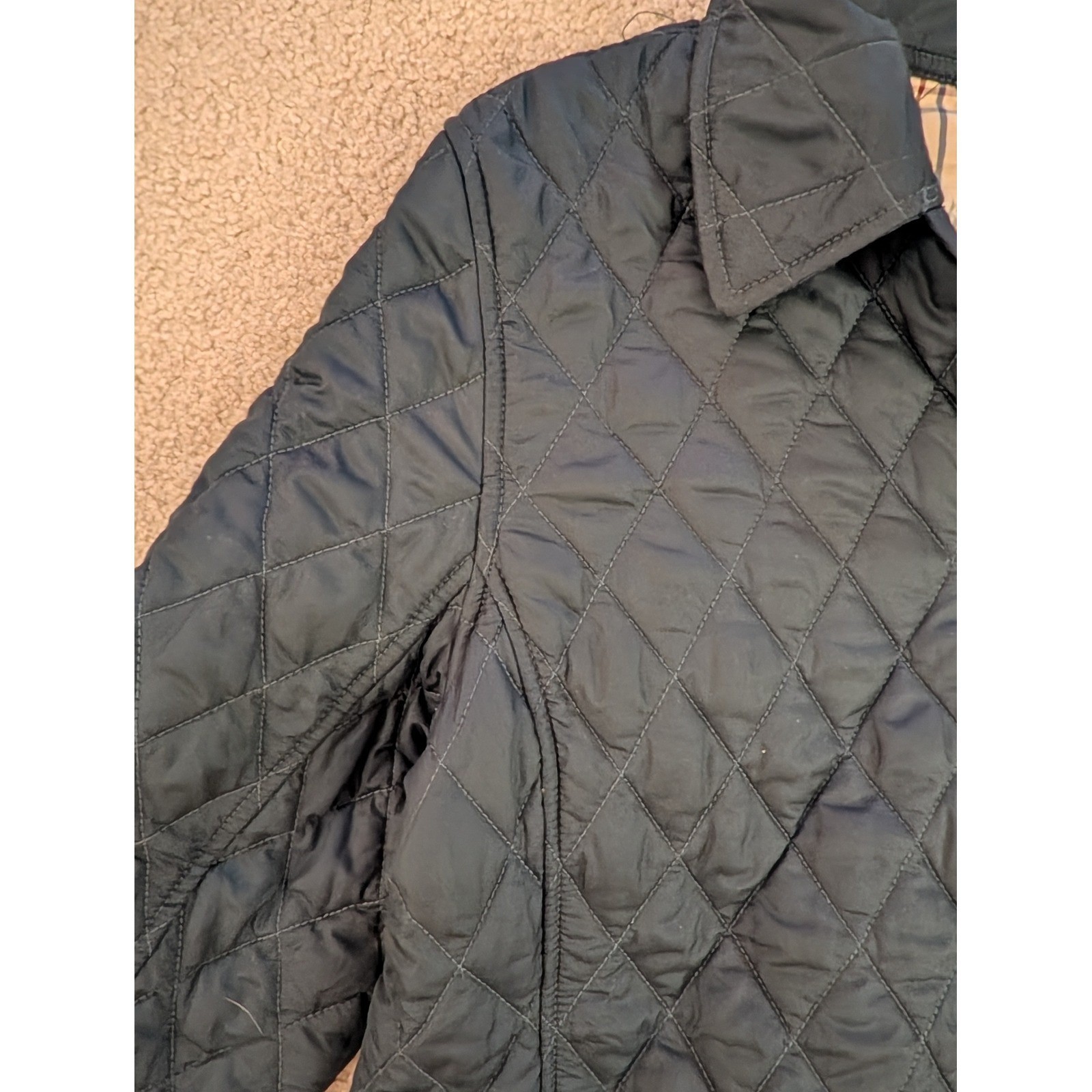 L.L. Bean Women’s Navy Quilted Barn Jacket Plaid Lined Snap Front Coat- L