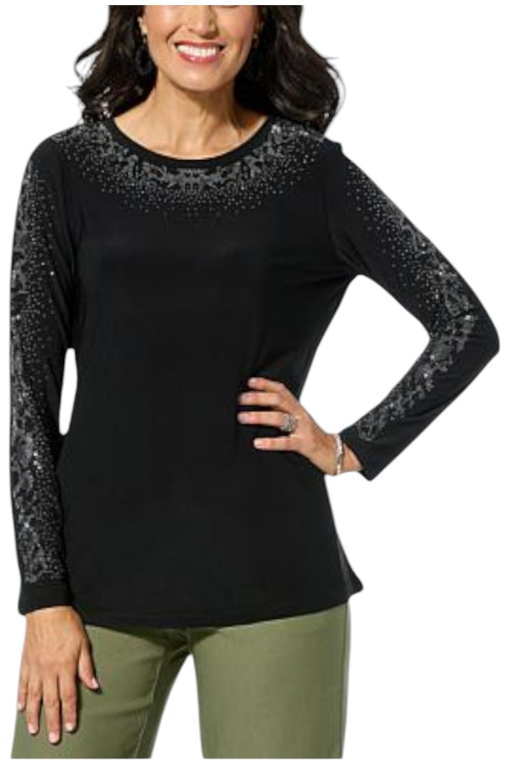 Antthony Women’s Embellished Long-Sleeve Heat Seal Top Black