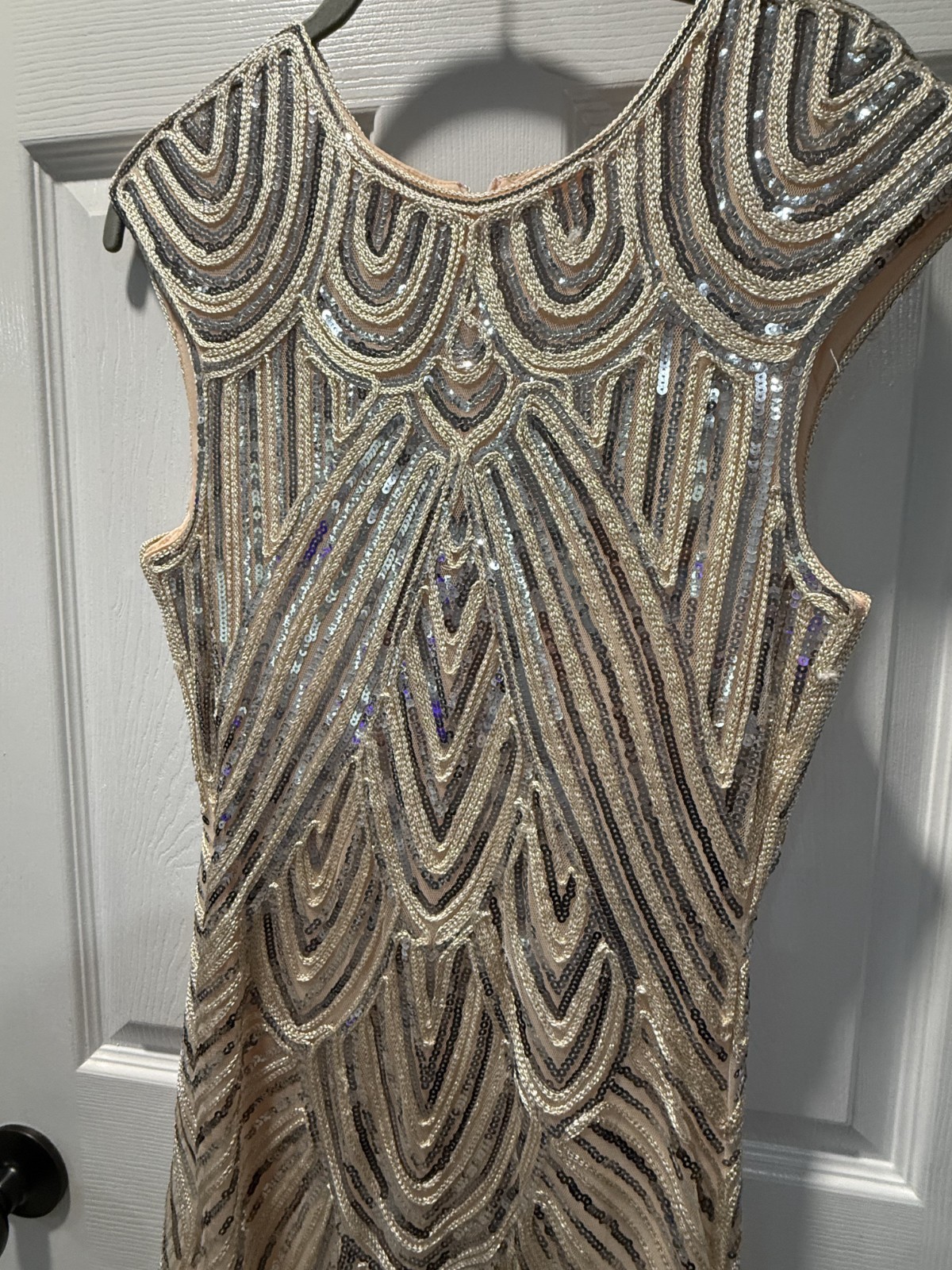 Retro 1920’s stage full length women’s silver and ivory sequin dress