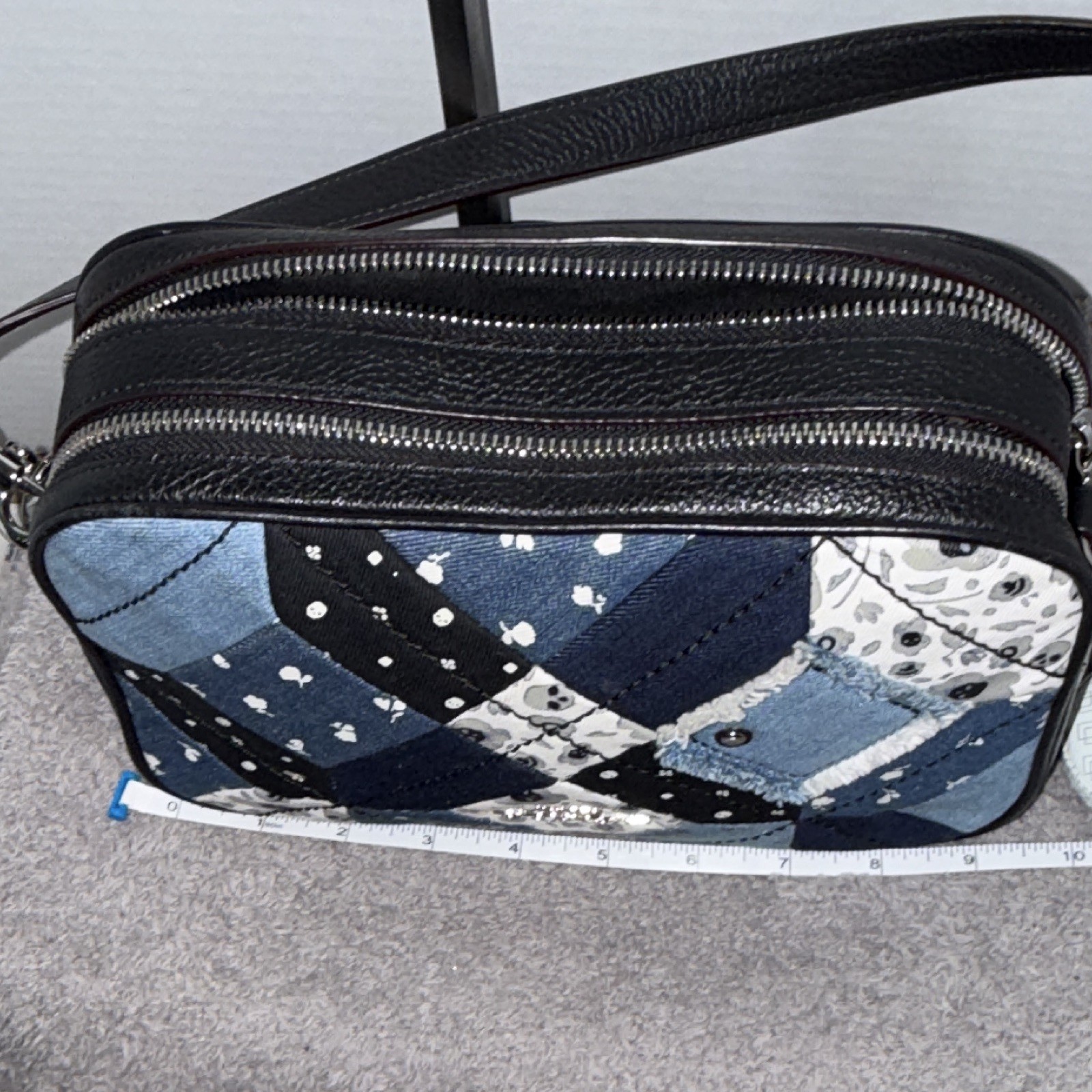 Coach Patchwork Crossbody Bag Blue Black White, Double Zip, Detachable Strap