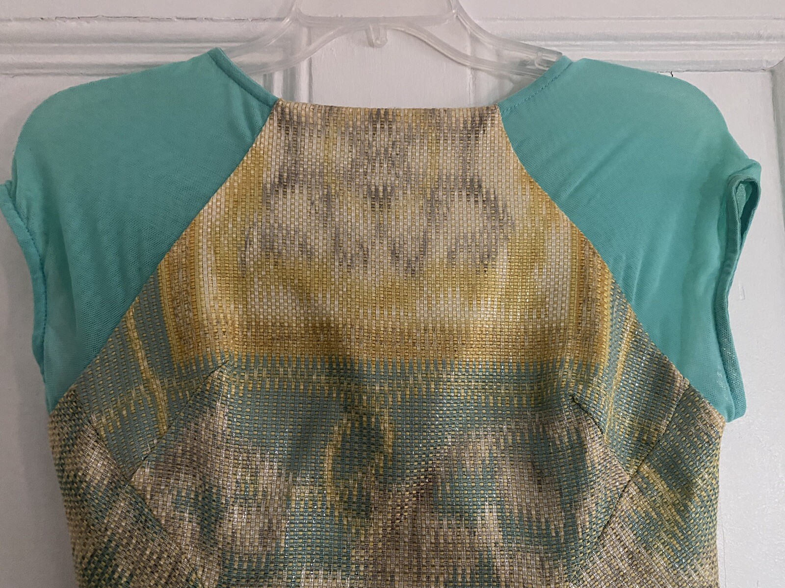 Eva Franco Dress Anthropologie Turquoise, Yellow, Silver Metallic Thread 4 Mesh