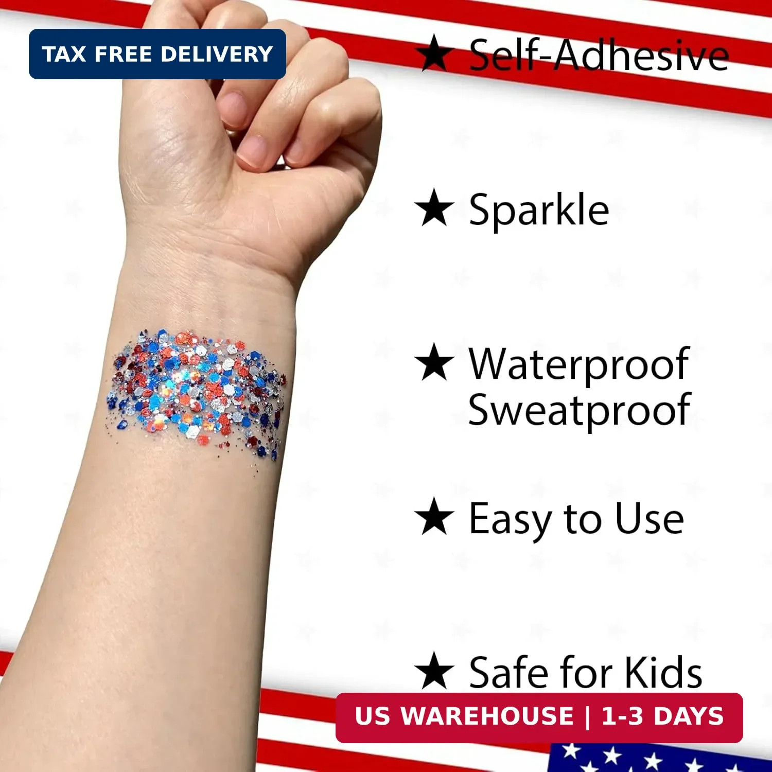 Red White and Blue Face Hair Body Glitter Stick,4th of July Outfits and Accessor
