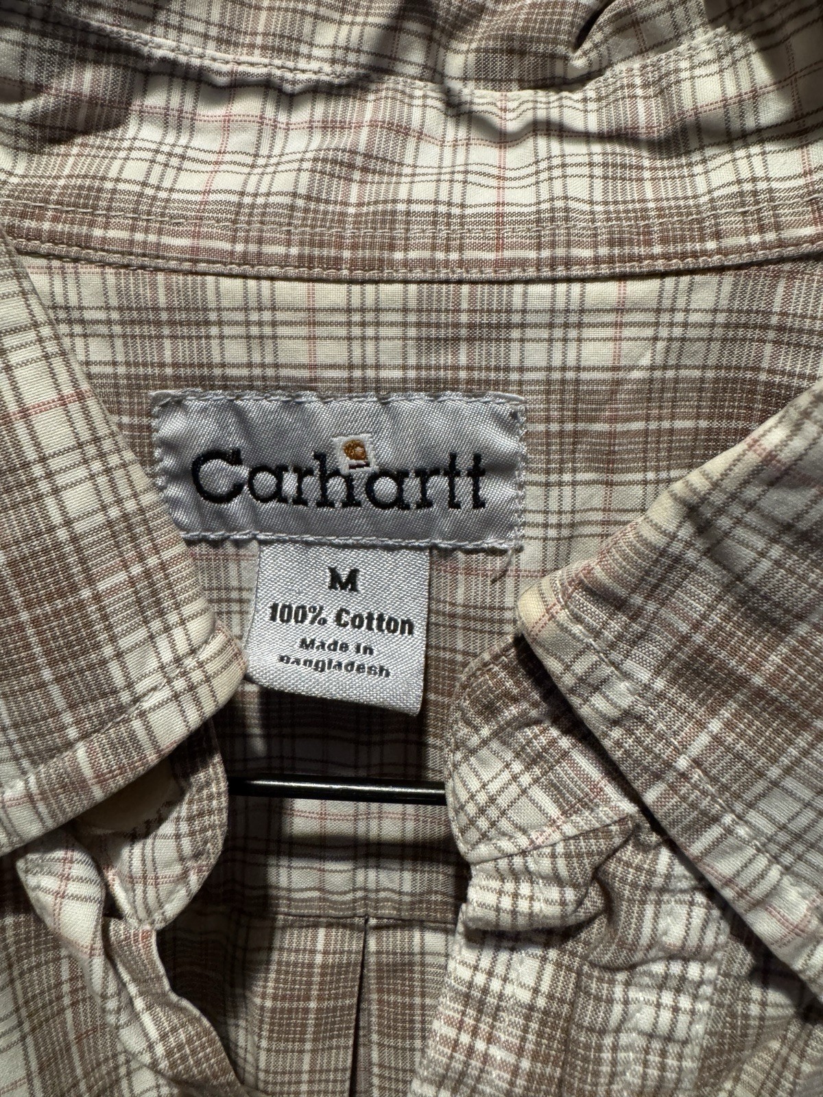 Vintage Carhartt Men’s Medium Beige White Plaid Button Short Sleeve Work Shirt