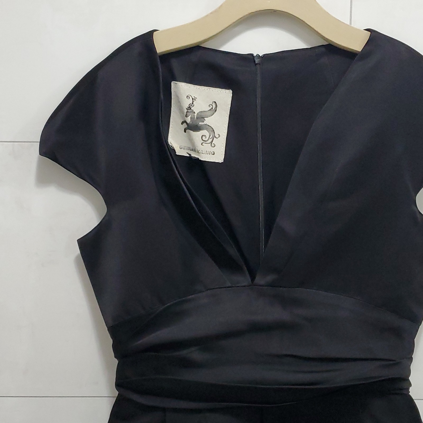 Gemma Liano Designer Black Solid Silk Satin V-Neck CapSleeve A-Line Midi Dress 8