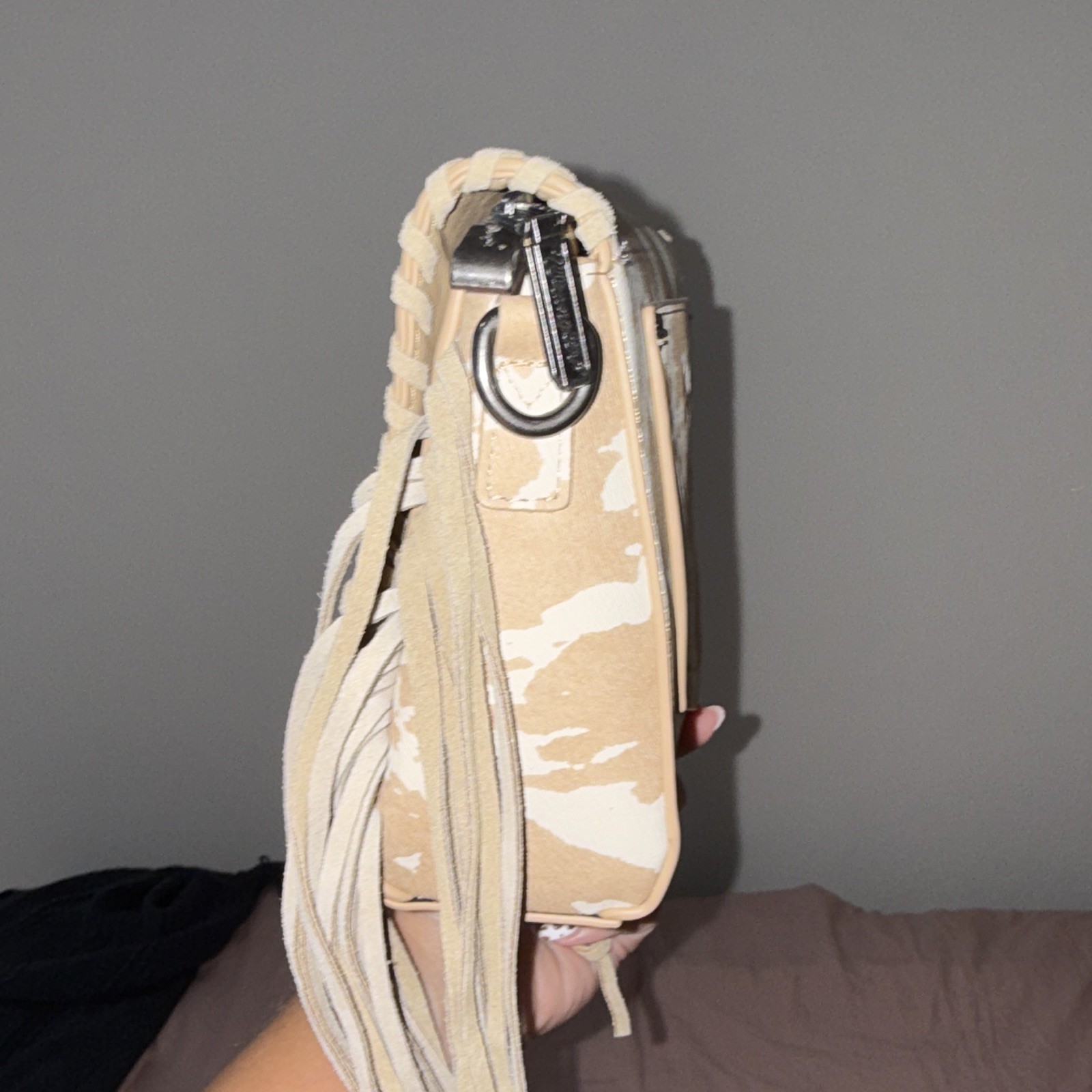 Wrangler Beige/White Cow Print Fringe Small Crossbody Bag, Zip, Strap, Pockets