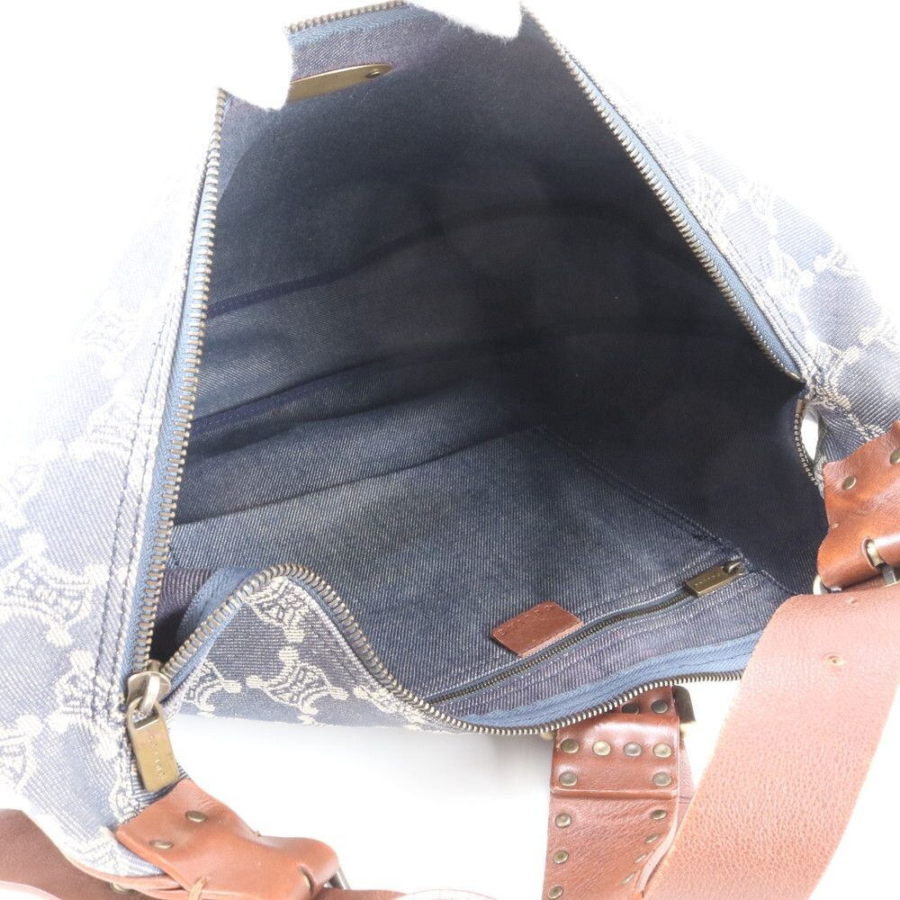 CELINE Shoulder Bag Paris Macadam Leather Canvas Indigo Vintage Auth From Japan