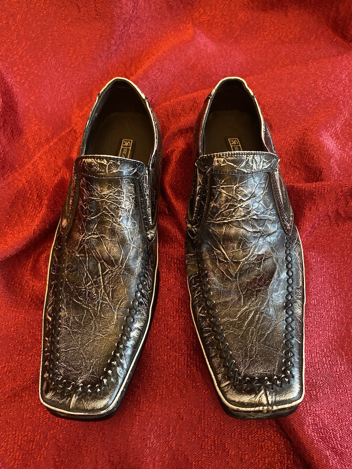 STACY ADAMS Thick Stitch Sq. Toe Slip On Loafer Black Marble Leather Sz 7.5 VTG