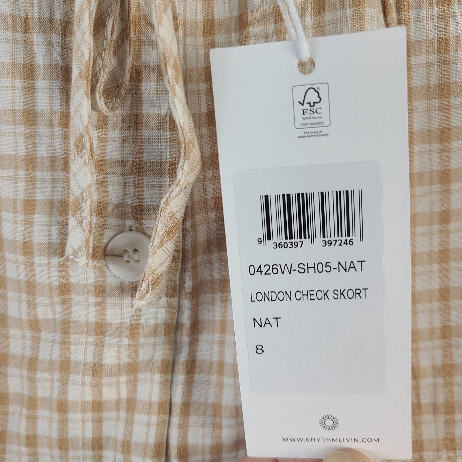 NEW Rhythm London Check Skort Beige & White Plaid Cotton Blend Women’s Size 8