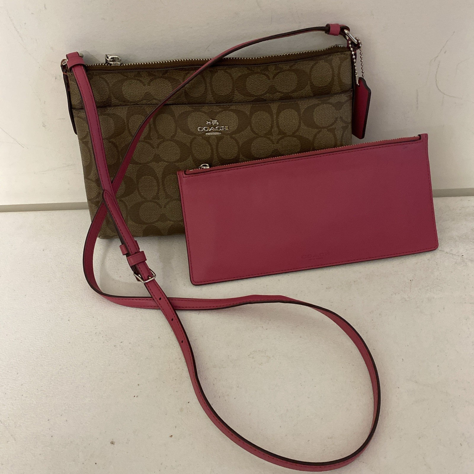 COACH EAST/ WEST POP CROSSBODY BAG IN KHAKI w/ PINK DETAILS & PINK ZIP WALLET