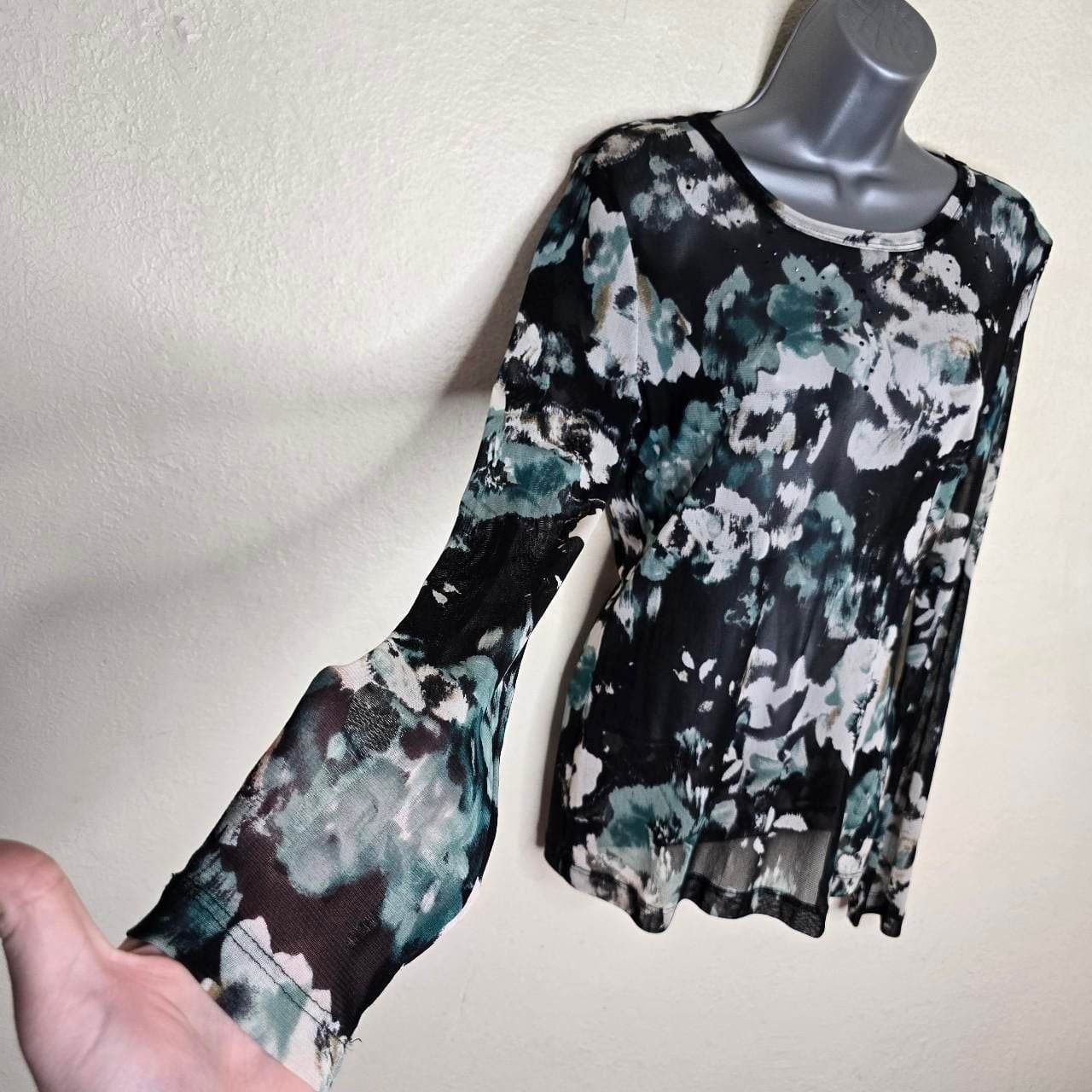 Karen Kane Abstract Floral Sheer Mesh Rhinestone Accent Top