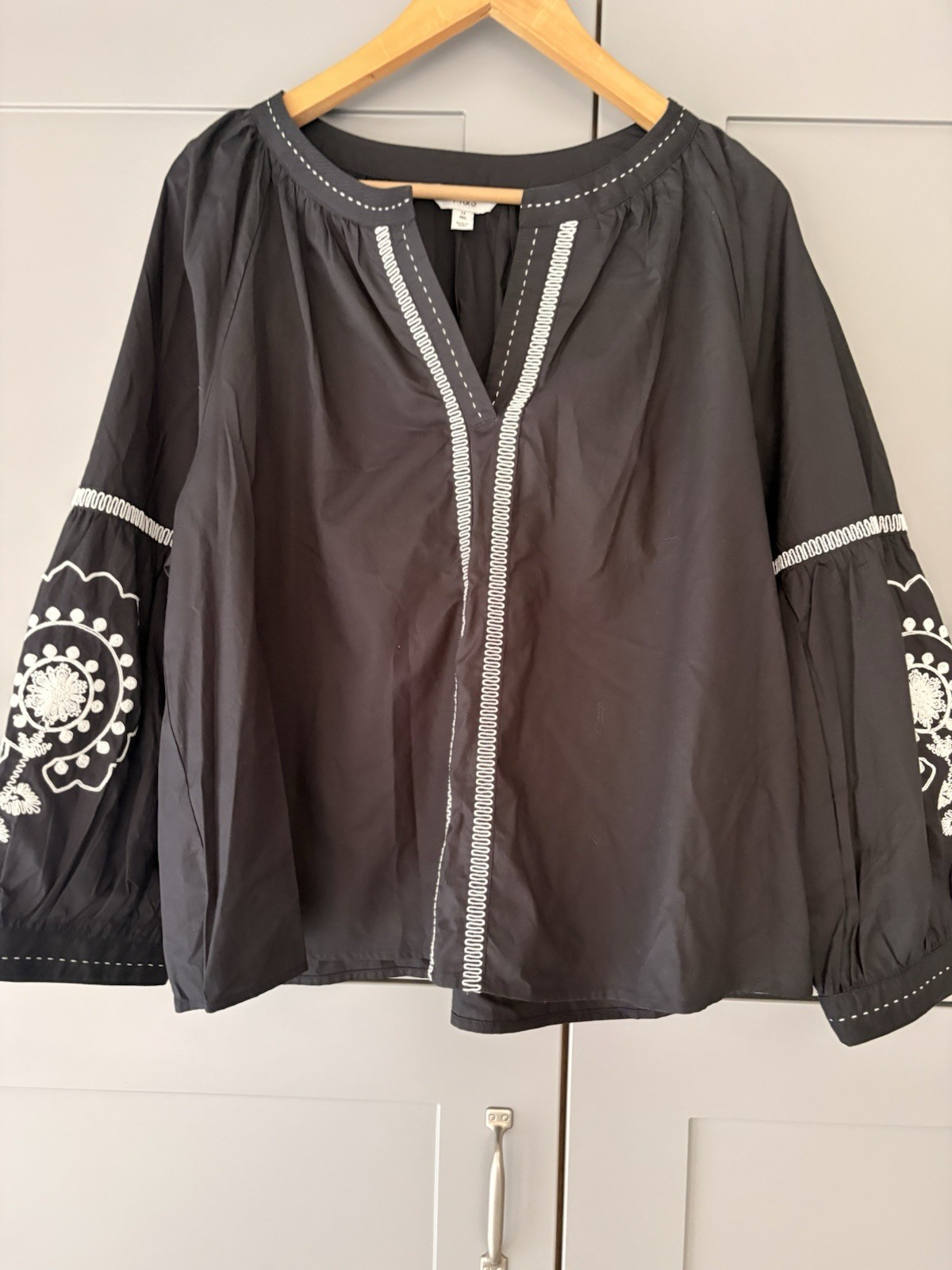 M&S 100% Cotton Black & White Embroidered Smock Top Size 12 Boho Blouse