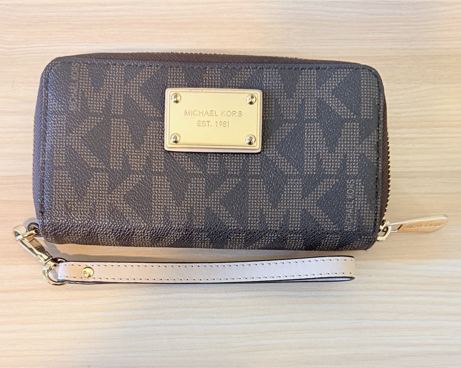Michael Kors Logo Zip-Around Wristlet Wallet w/ Credit Card Slots Brown
