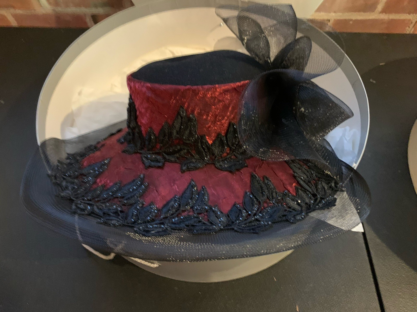 Mr. Song Millinery Hat Victorian Style Striking Red Texture Black Lace With Bow