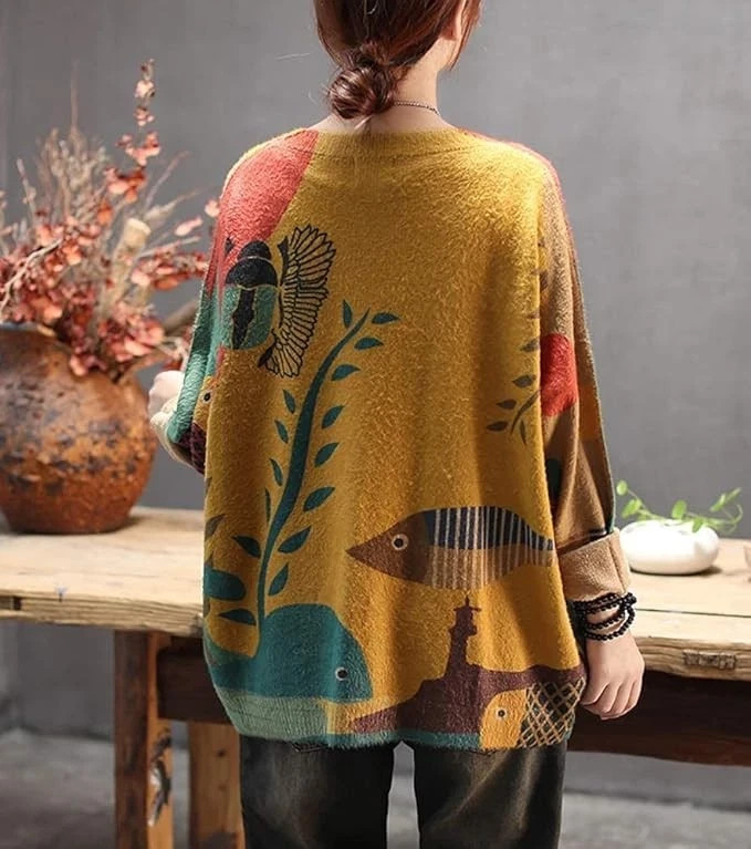 YESNO Womens Oversized Soft Cozy Graphic Pullover Wool Cotton Sweater