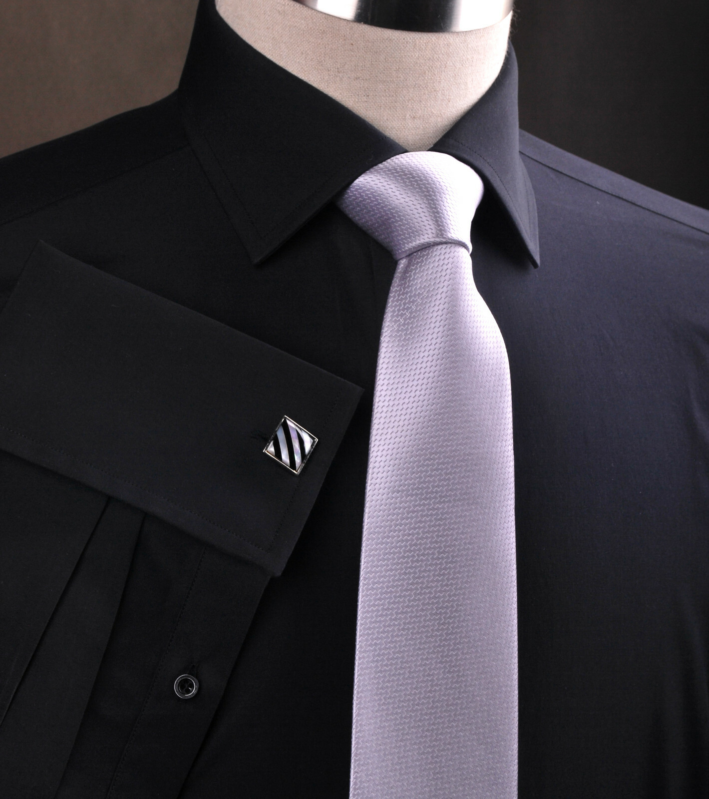 Sexy Pure Black Poplin Formal Dinner Event Dress Shirt Fluer-De-Lis Inner Lining