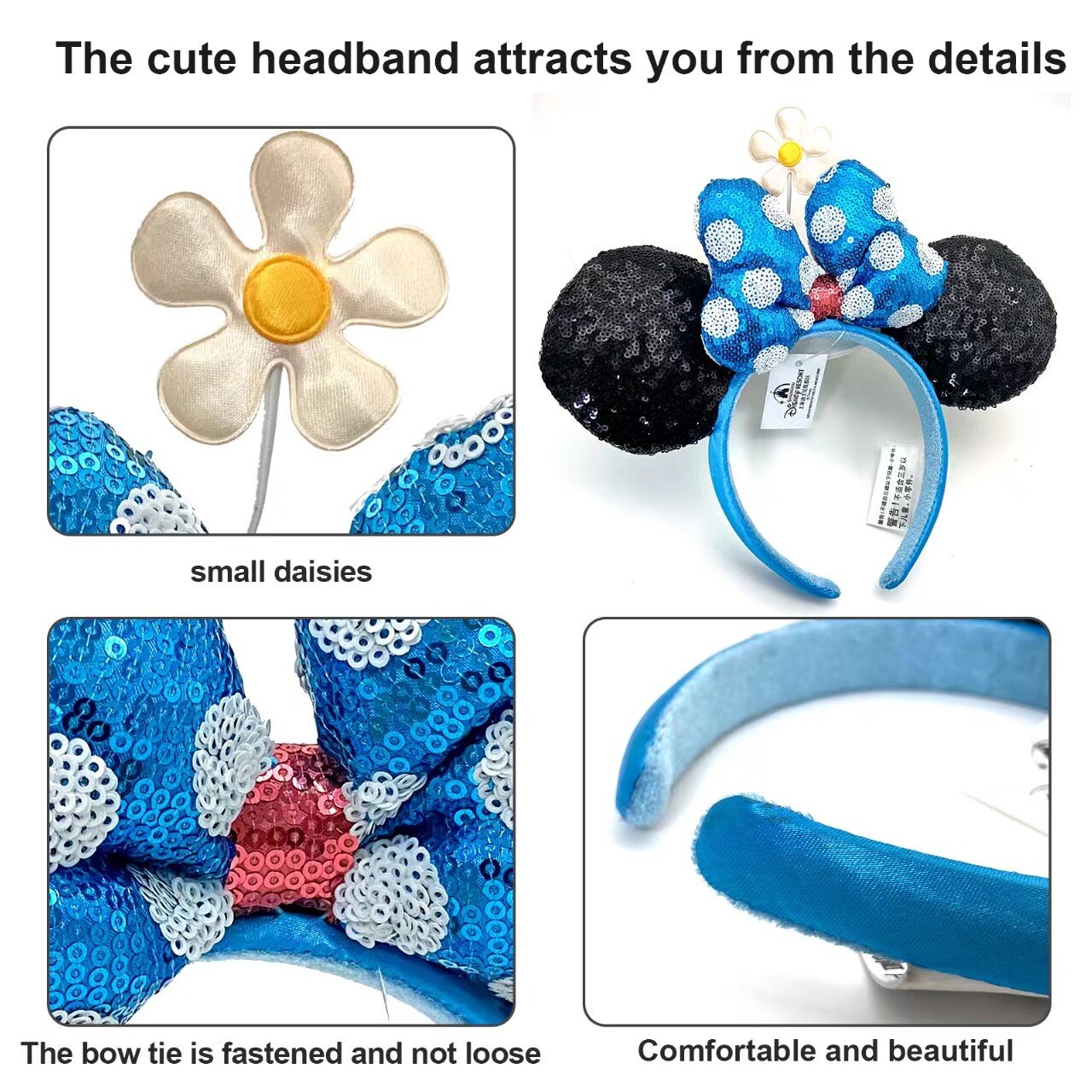 Flower Minnie Ears Hat Disney’s Parks Headband with Blue Bow Sequins Polka Dot