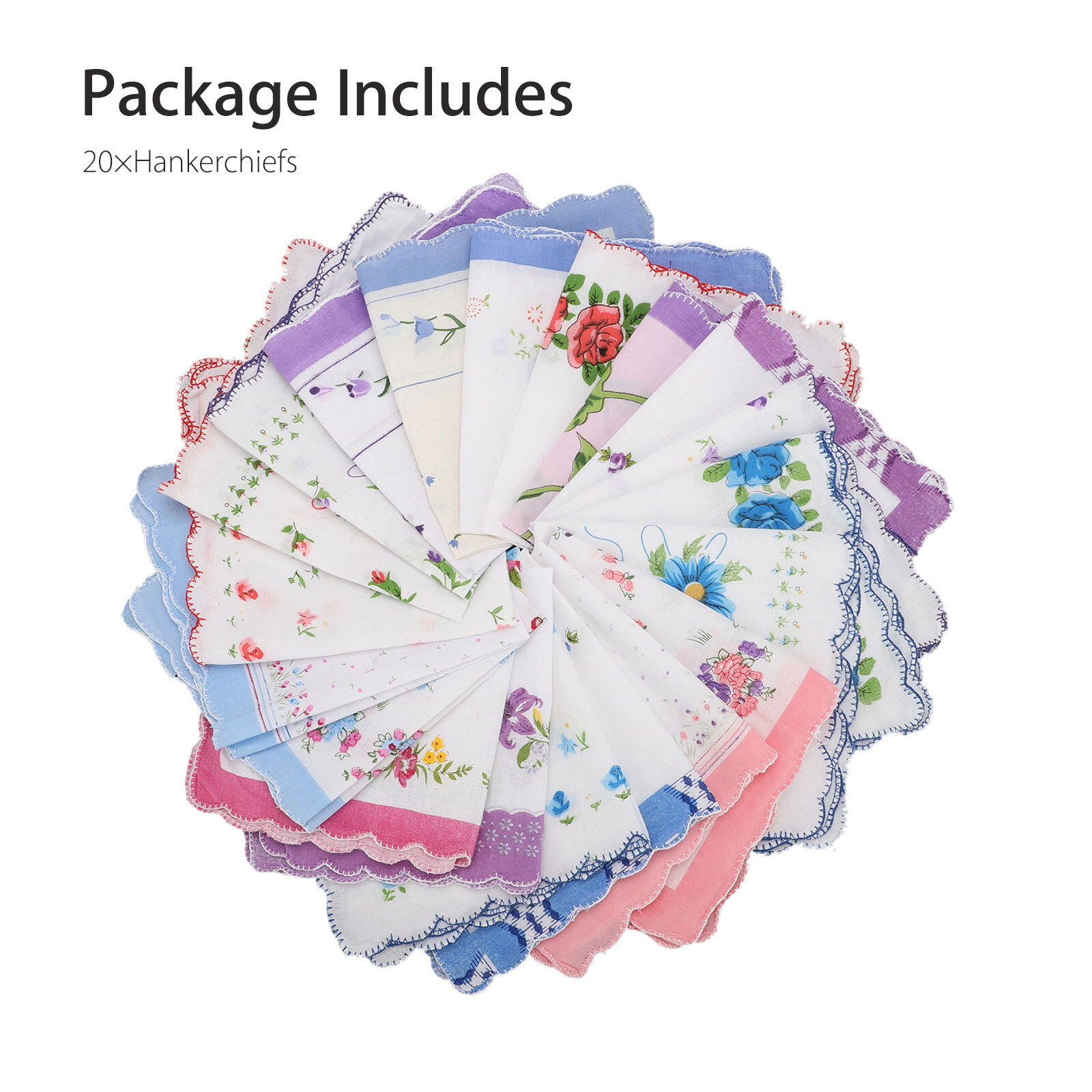 20Pcs Lady Handkerchiefs,100% Cotton Soft Pocket Square, Vintage Flower Hankies