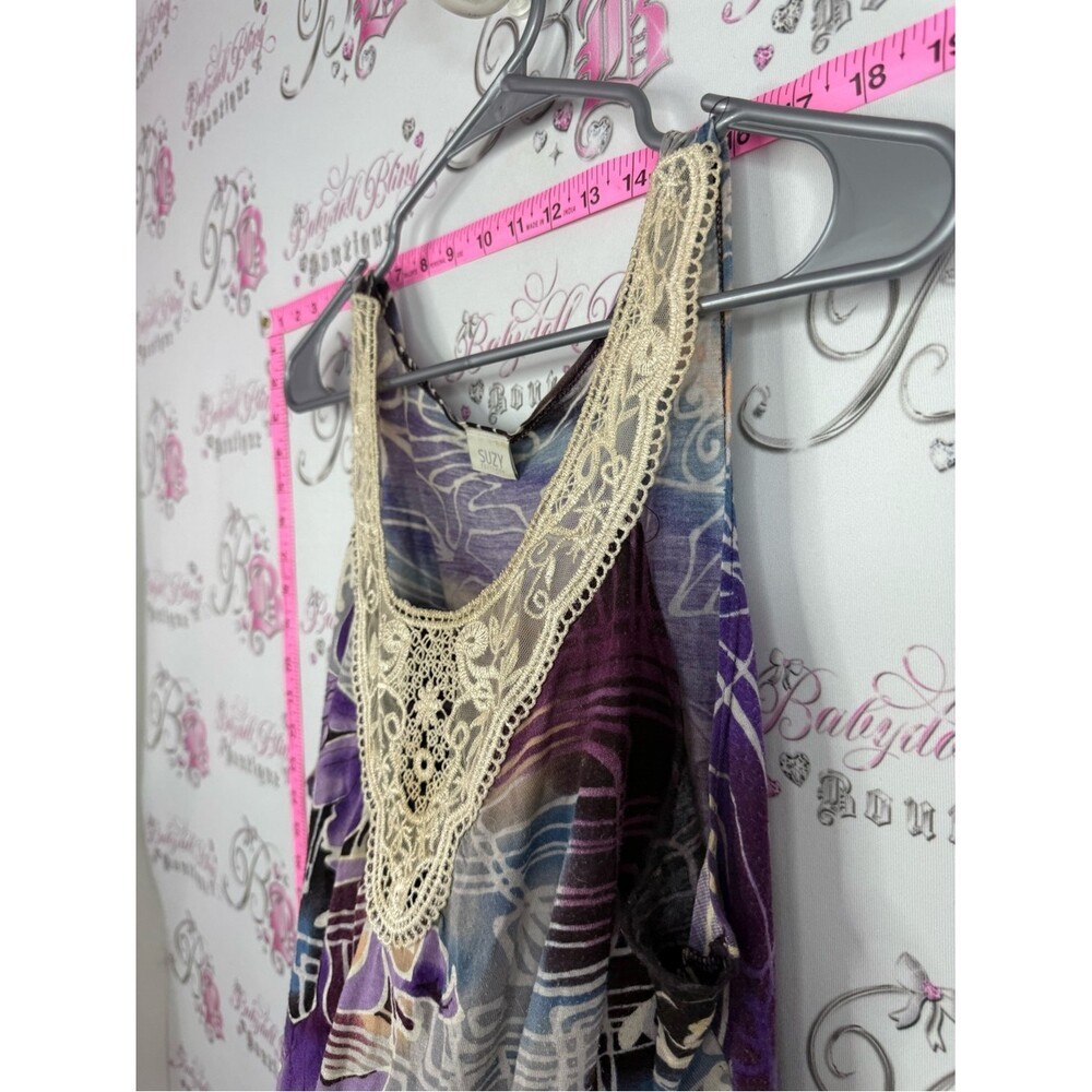 Suzy Shier tank top crochet swirl Purple Floral Lace-Trim Tank Top