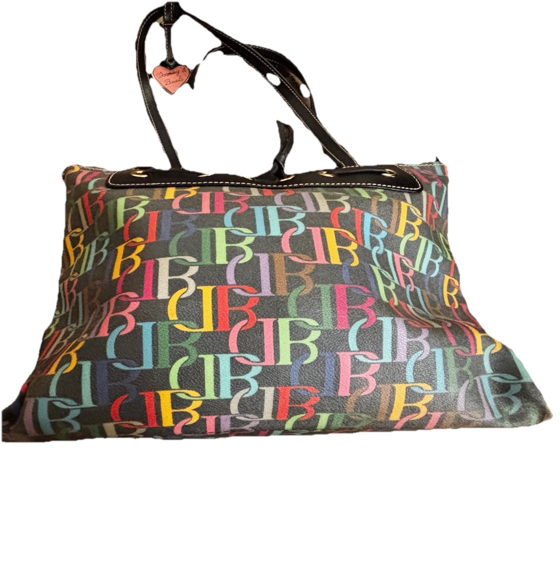 Dooney and Bourke Multi Color DB Monogram Black Canvas Tote Bag Heart Charm