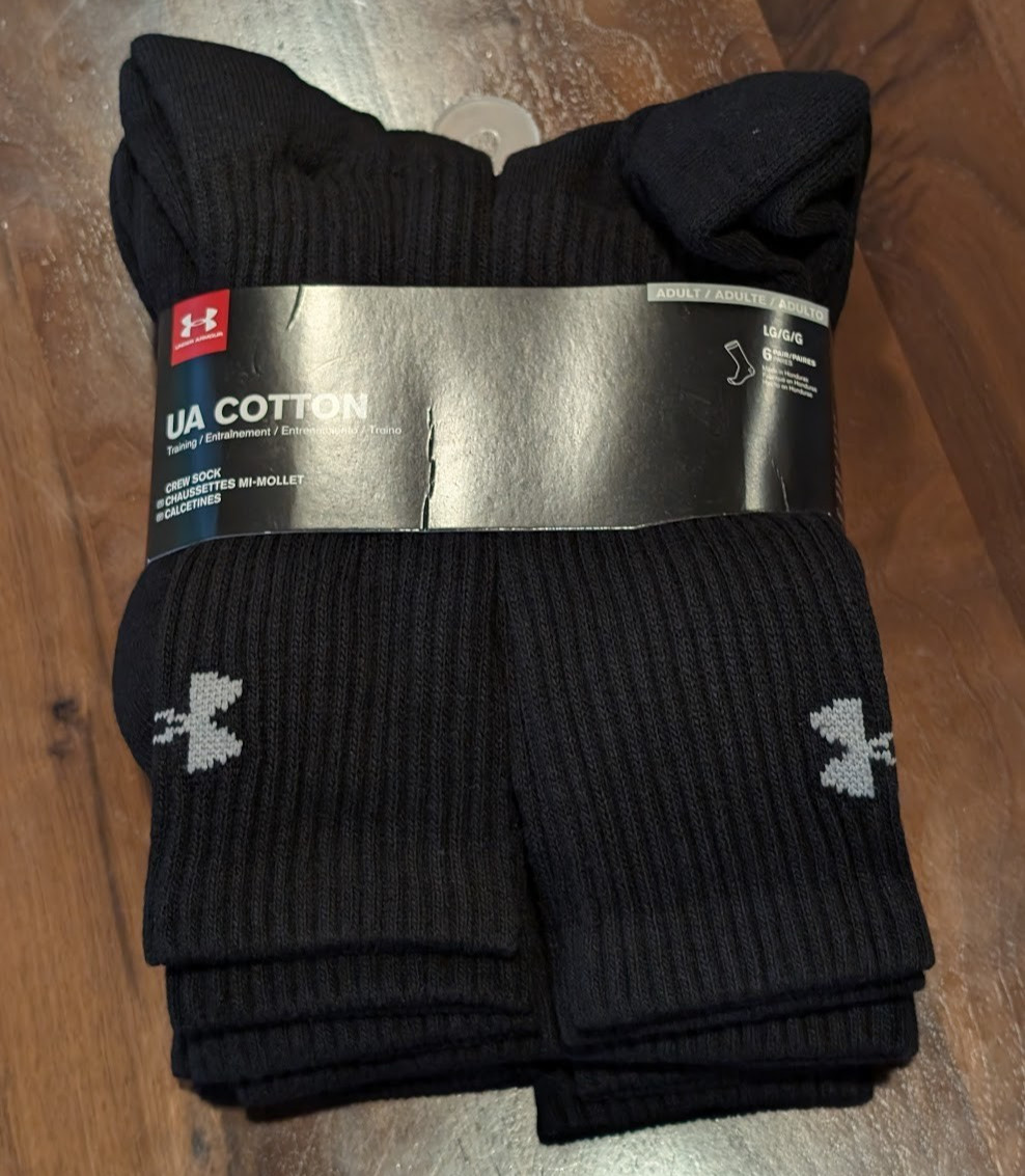 6 Pair Under Armour Men Crew Socks BLACK Large 8-12 Cotton NEW