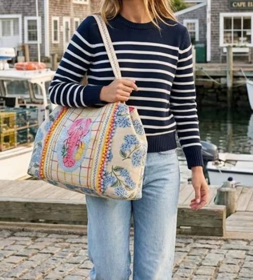 America & Beyond Lobster Hydrangea XL Tote Coastal Beach Resort Vacation Bag NWT
